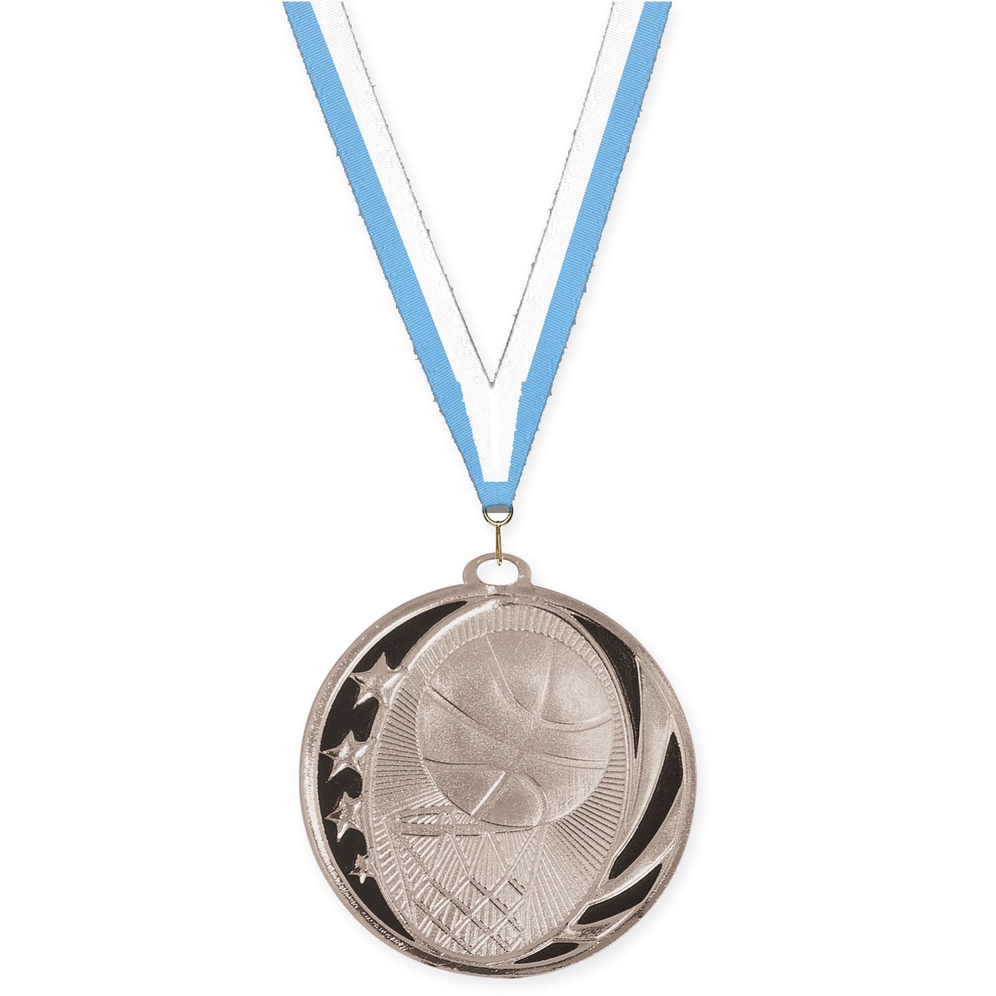 2 inch basketball MidNite Star medal in bright silver with Light Blue White neck ribbon