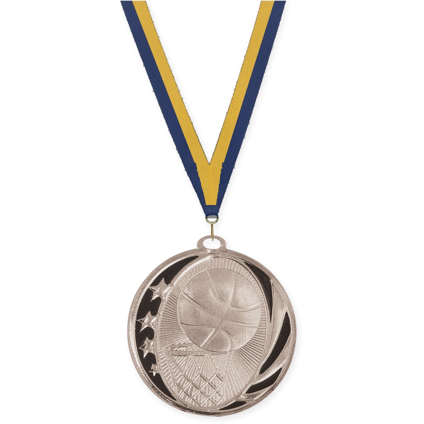 2 inch basketball MidNite Star medal in bright silver with Navy Gold neck ribbon