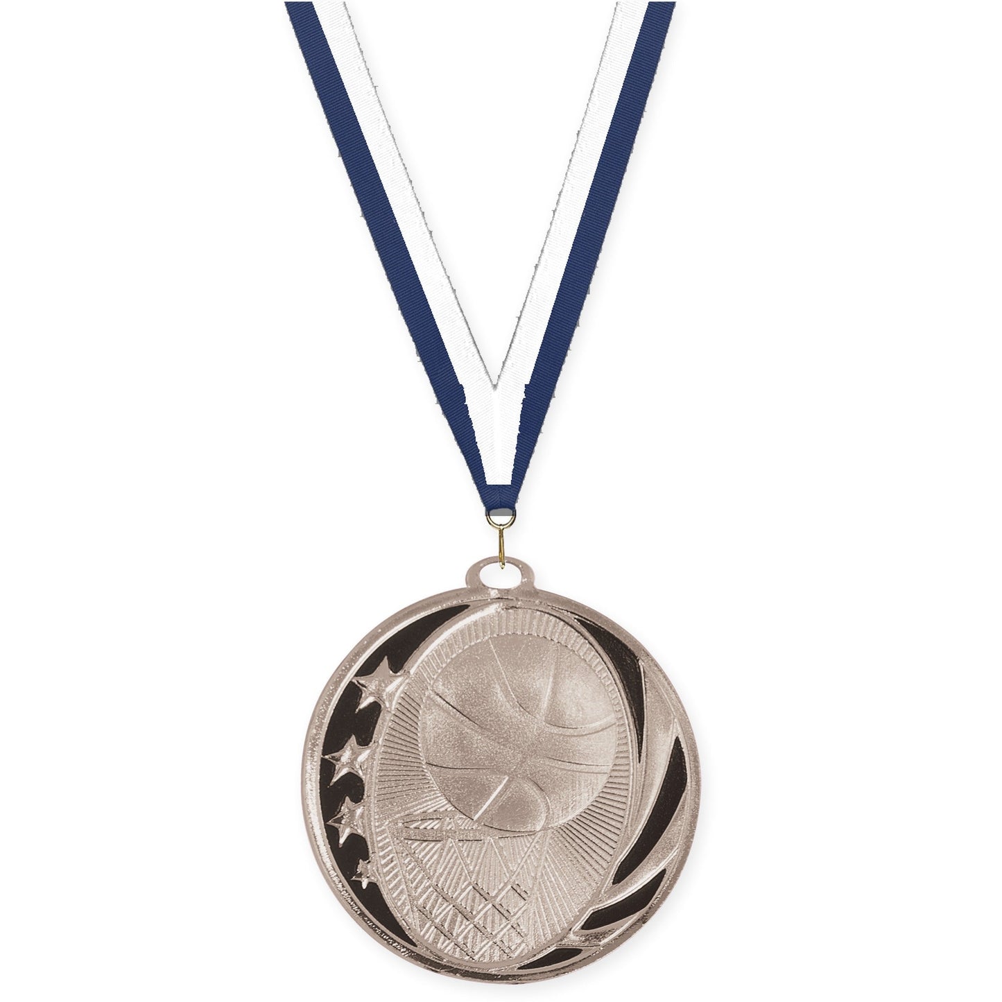 2 inch basketball MidNite Star medal in bright silver with Navy White neck ribbon