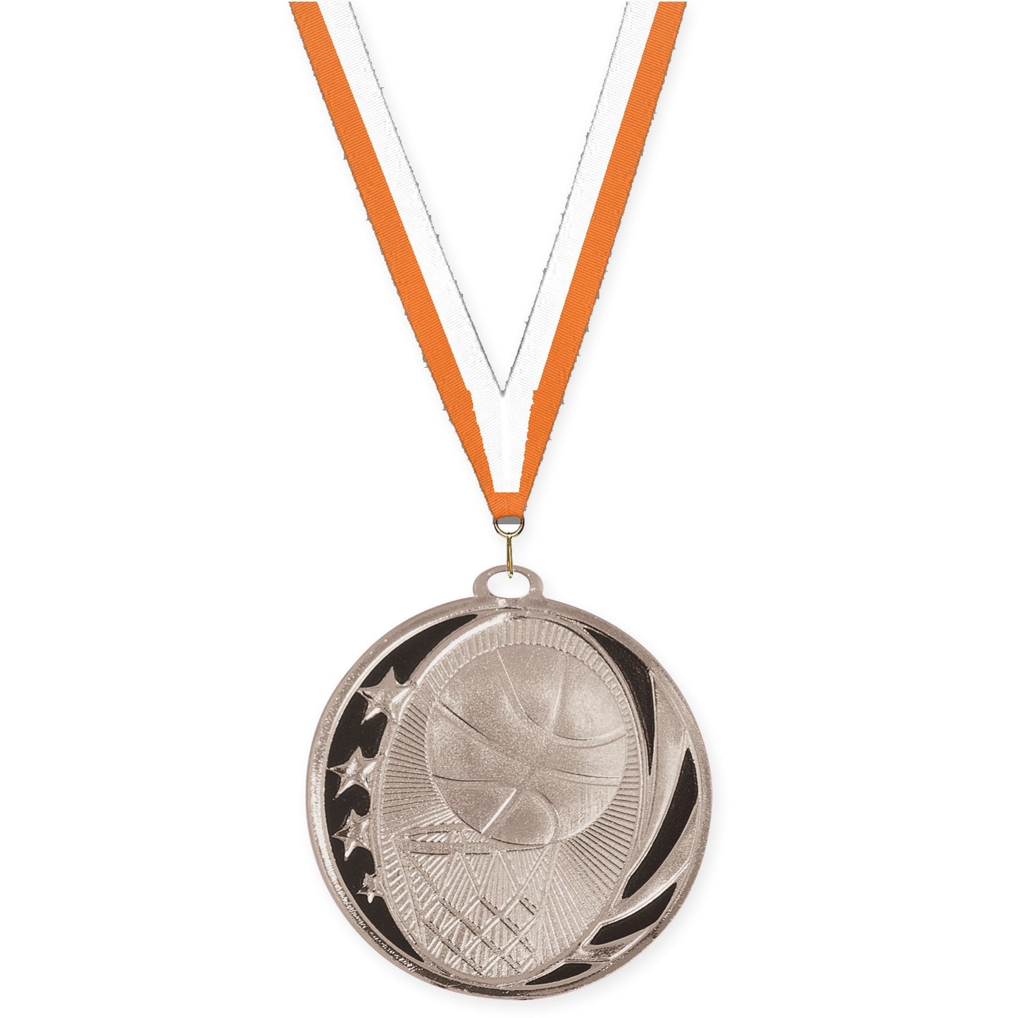2 inch basketball MidNite Star medal in bright silver with Orange White neck ribbon