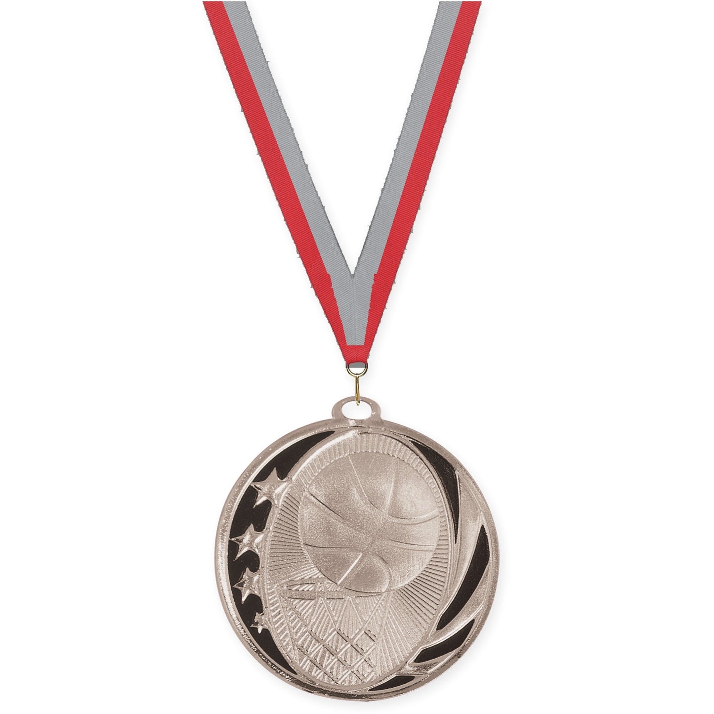 2 inch basketball MidNite Star medal in bright silver with Red Gray neck ribbon