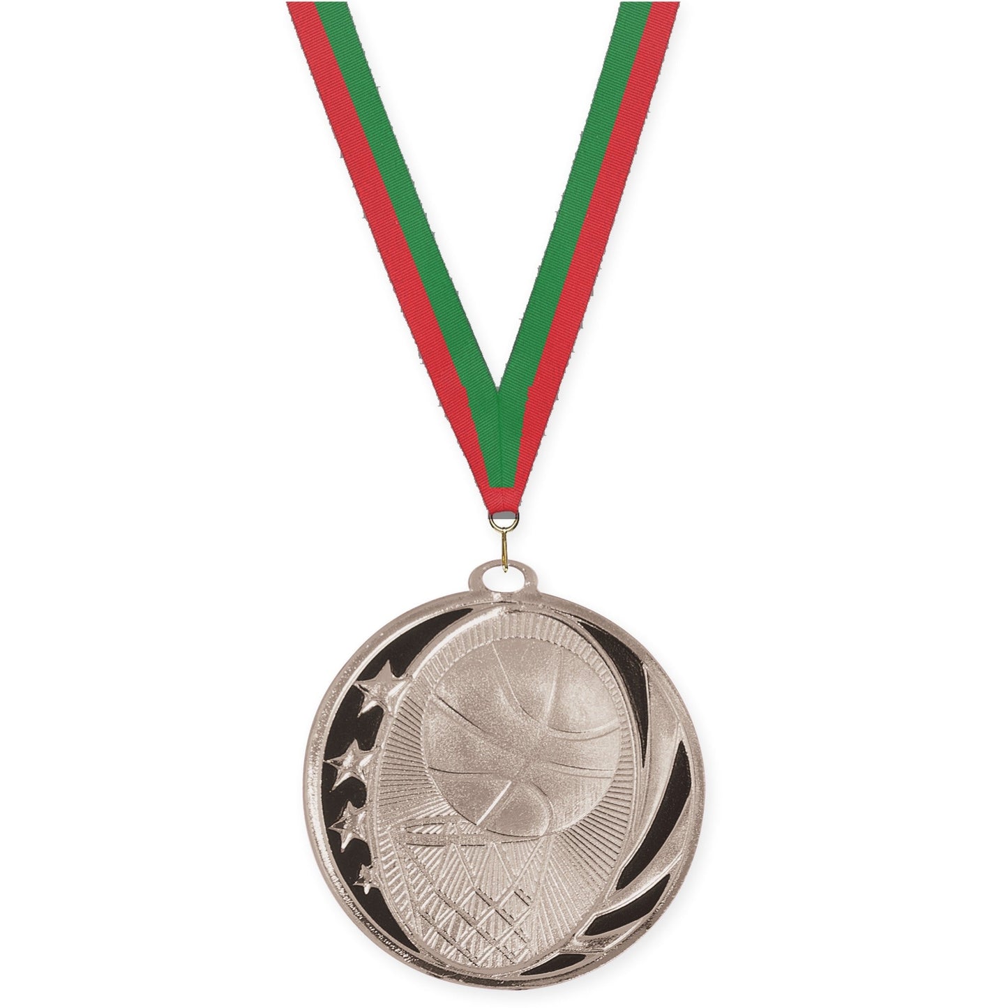 2 inch basketball MidNite Star medal in bright silver with Red Green neck ribbon