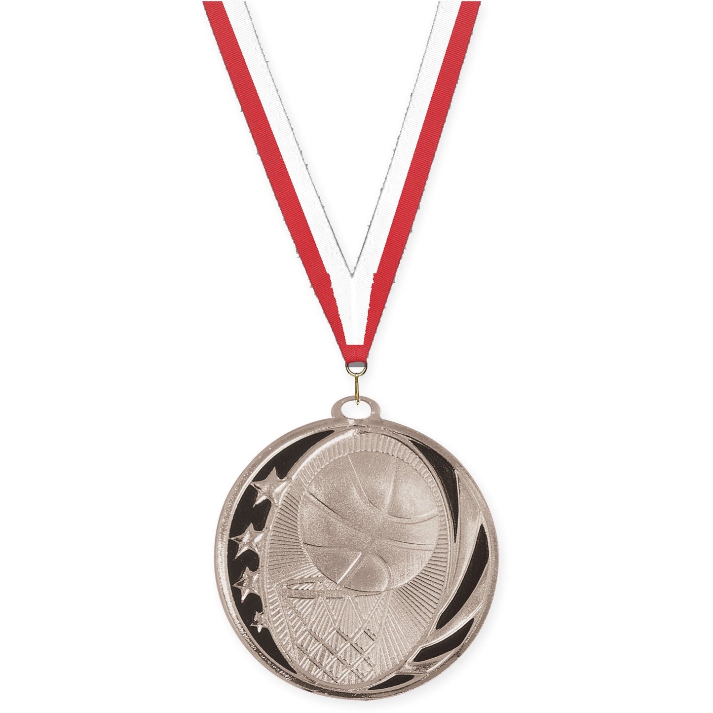 2 inch basketball MidNite Star medal in bright silver with Red White neck ribbon