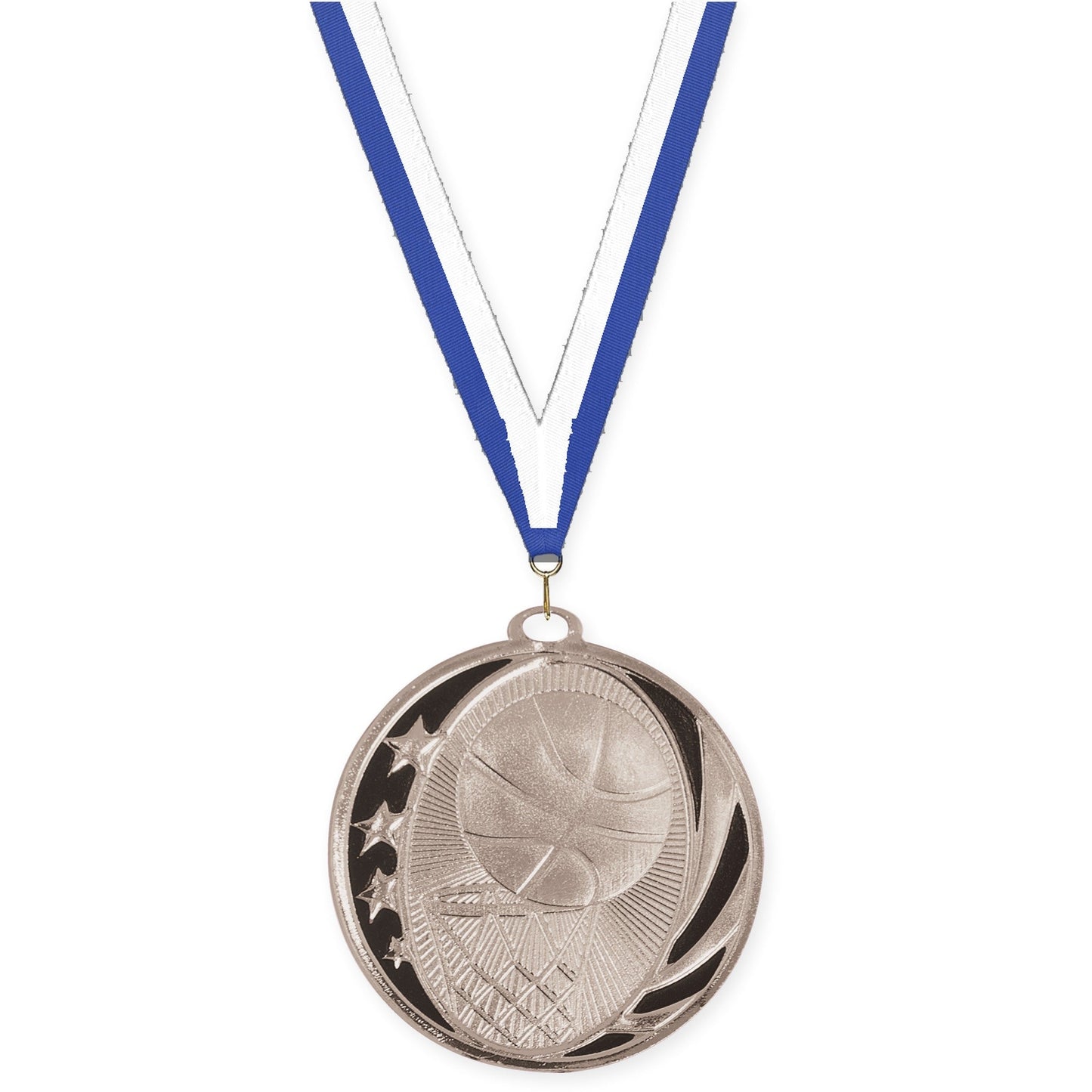 2 inch basketball MidNite Star medal in bright silver with Blue White neck ribbon