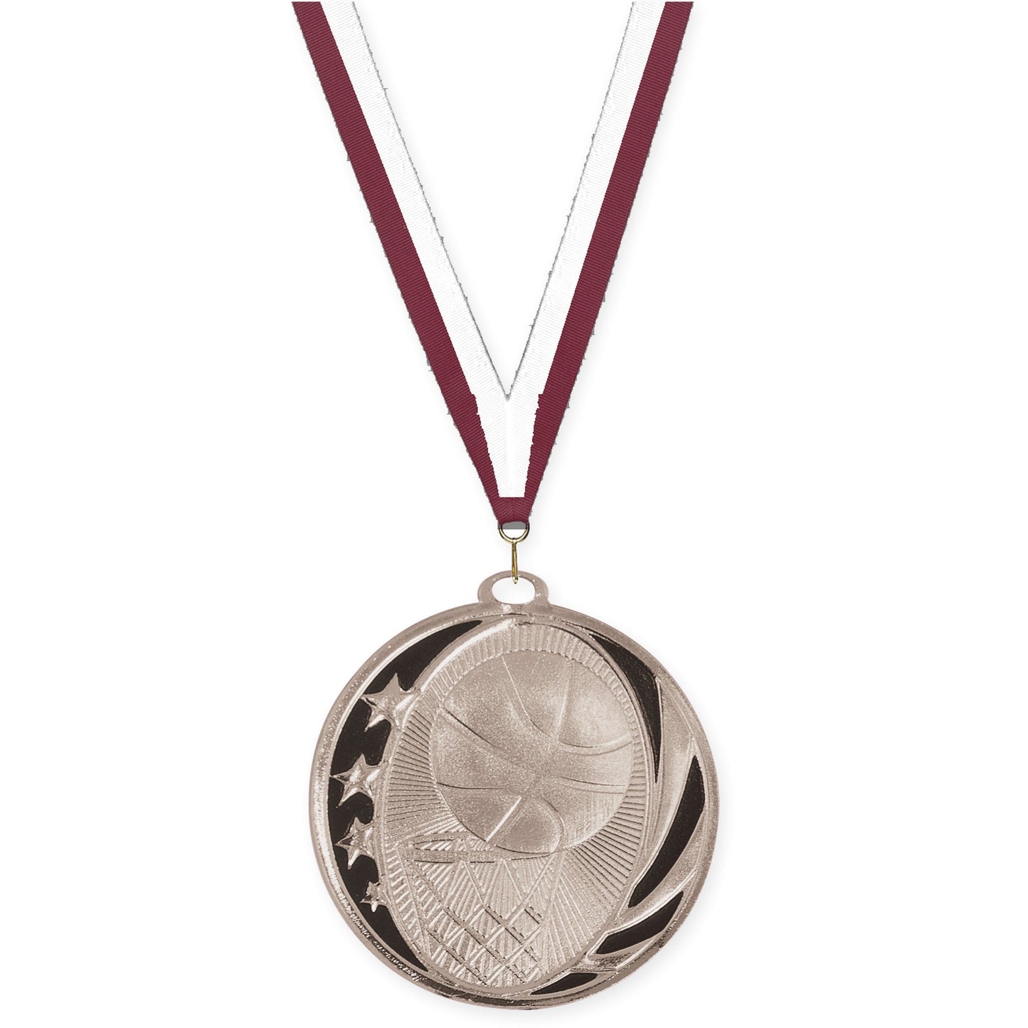 2 inch basketball MidNite Star medal in bright silver with Maroon White neck ribbon