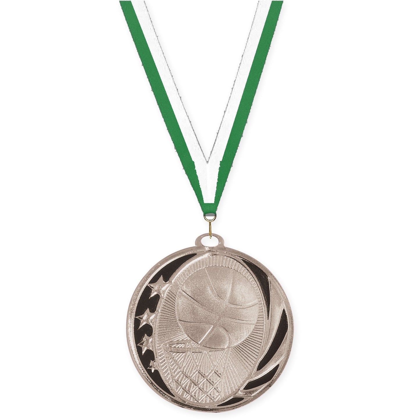 2 inch basketball MidNite Star medal in bright silver with Green White neck ribbon