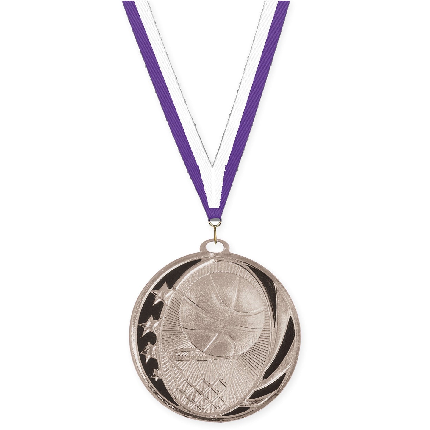 2 inch basketball MidNite Star medal in bright silver with Purple White neck ribbon