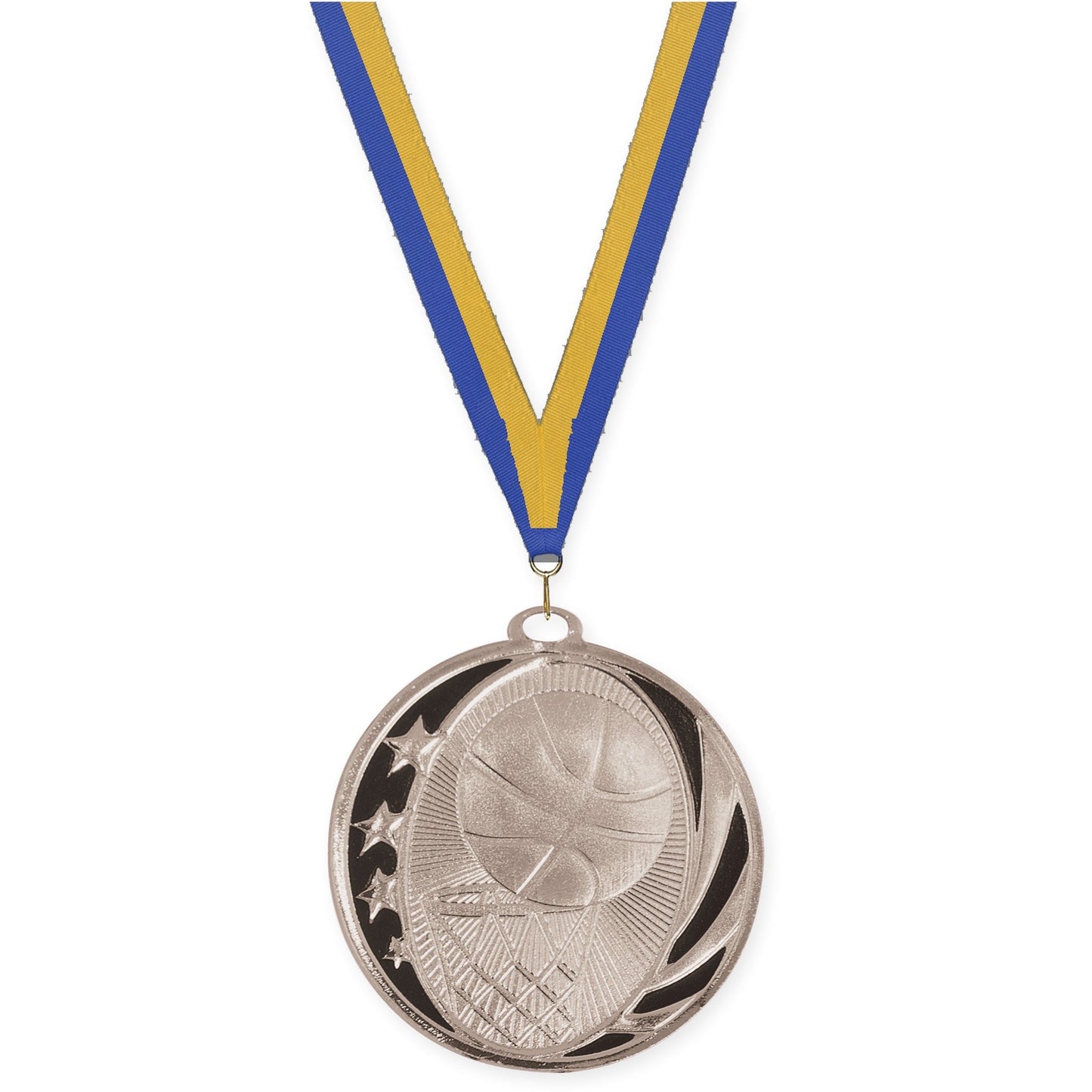 2 inch basketball MidNite Star medal in bright silver with Blue Gold neck ribbon