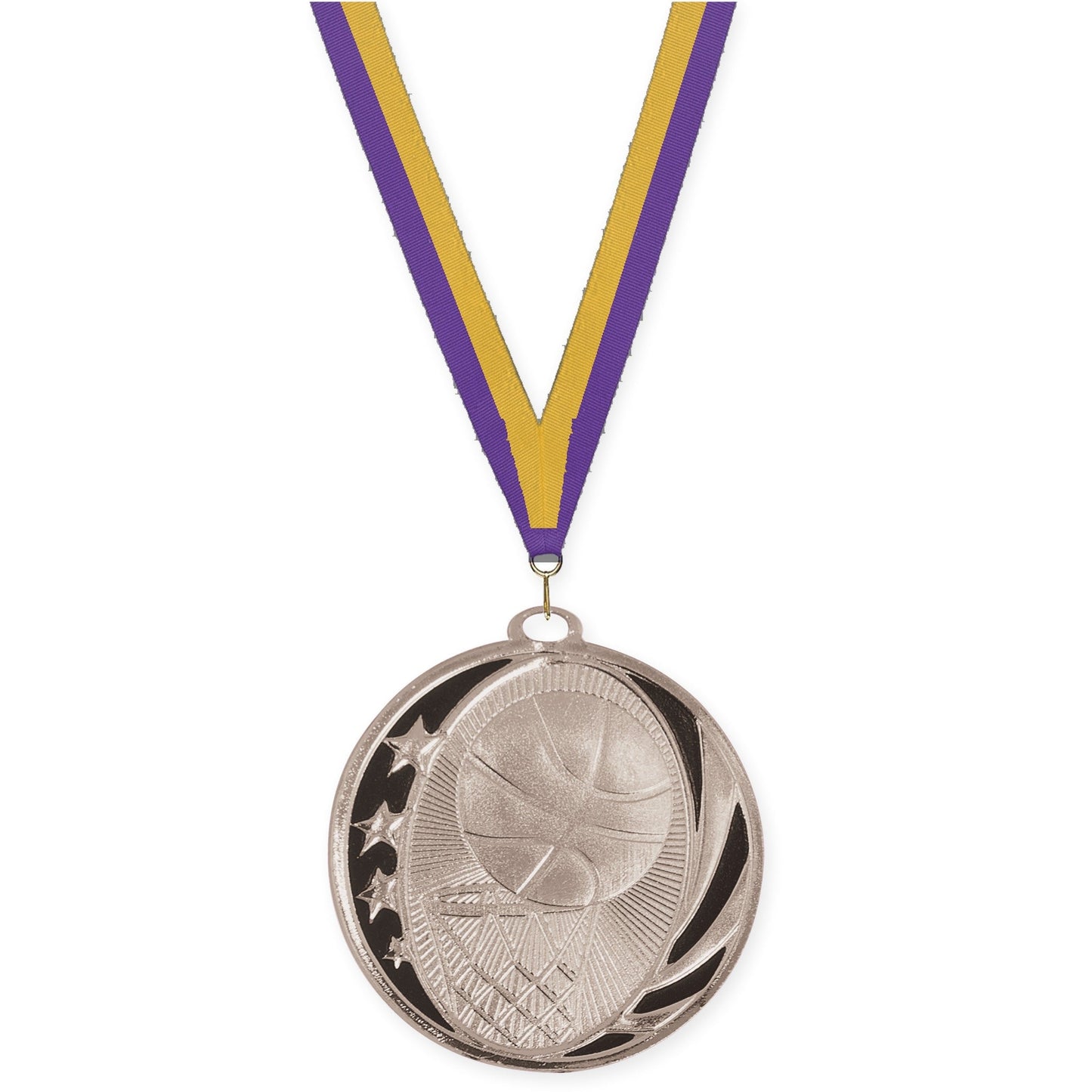 2 inch basketball MidNite Star medal in bright silver with Purple Gold neck ribbon