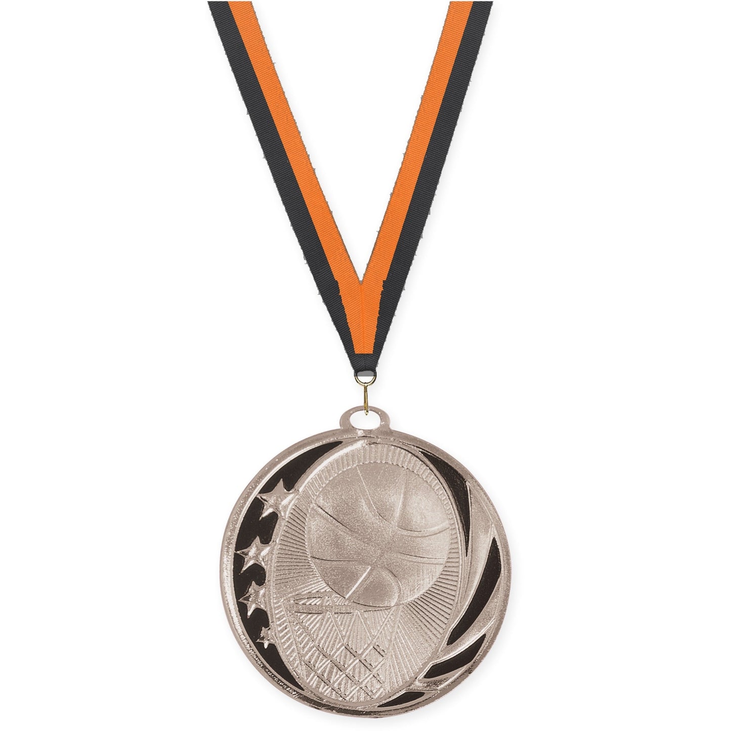 2 inch basketball MidNite Star medal in bright silver with Black Orange neck ribbon