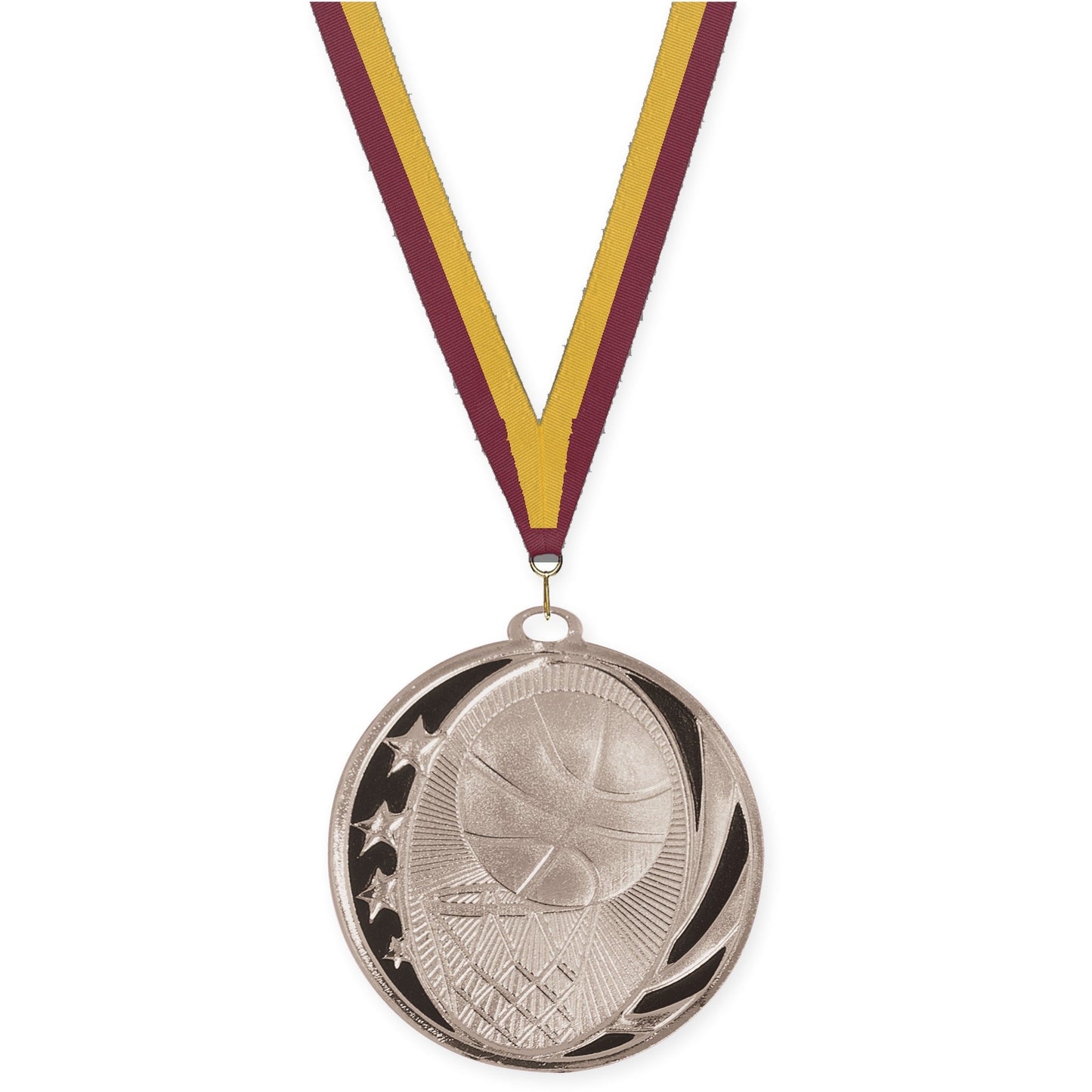 2 inch basketball MidNite Star medal in bright silver with Maroon Gold neck ribbon