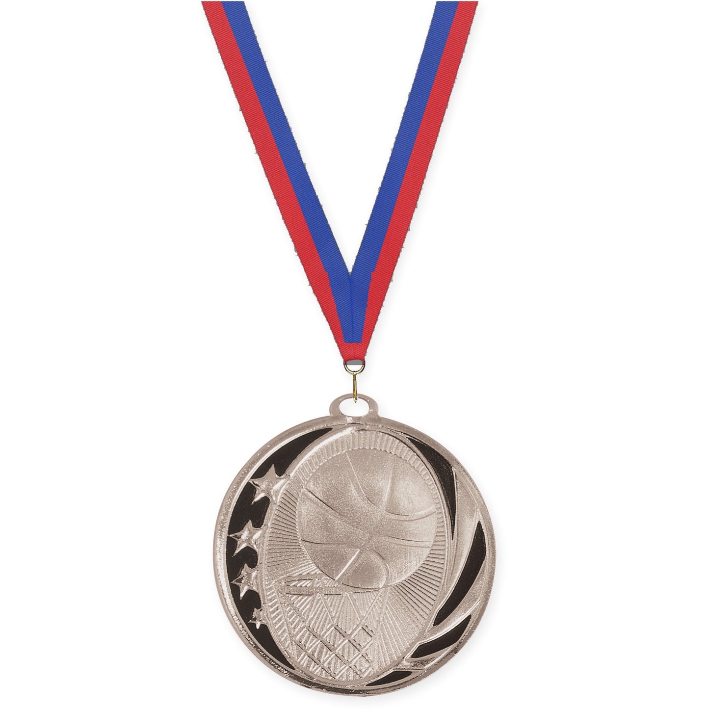 2 inch basketball MidNite Star medal in bright silver with Blue Red neck ribbon