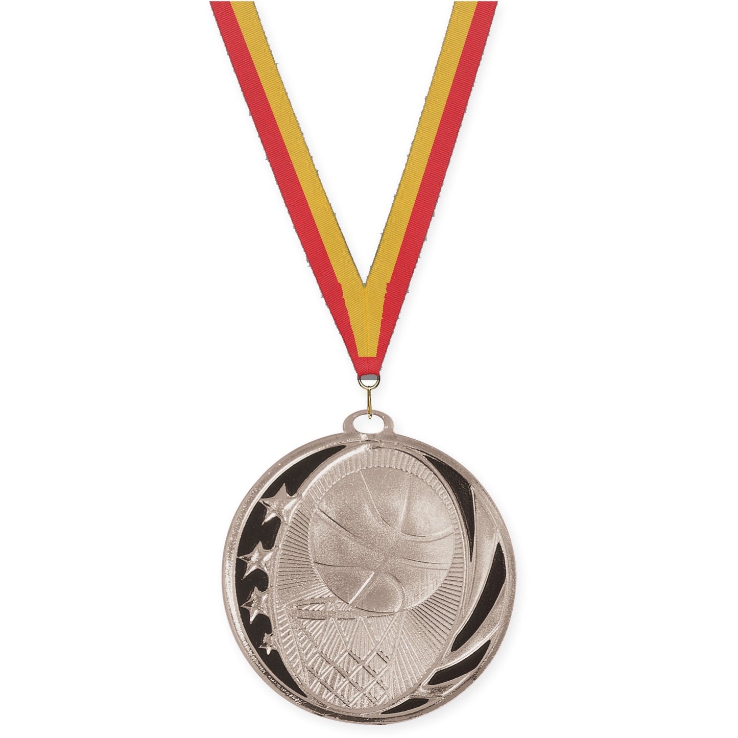 2 inch basketball MidNite Star medal in bright silver with Red Gold neck ribbon