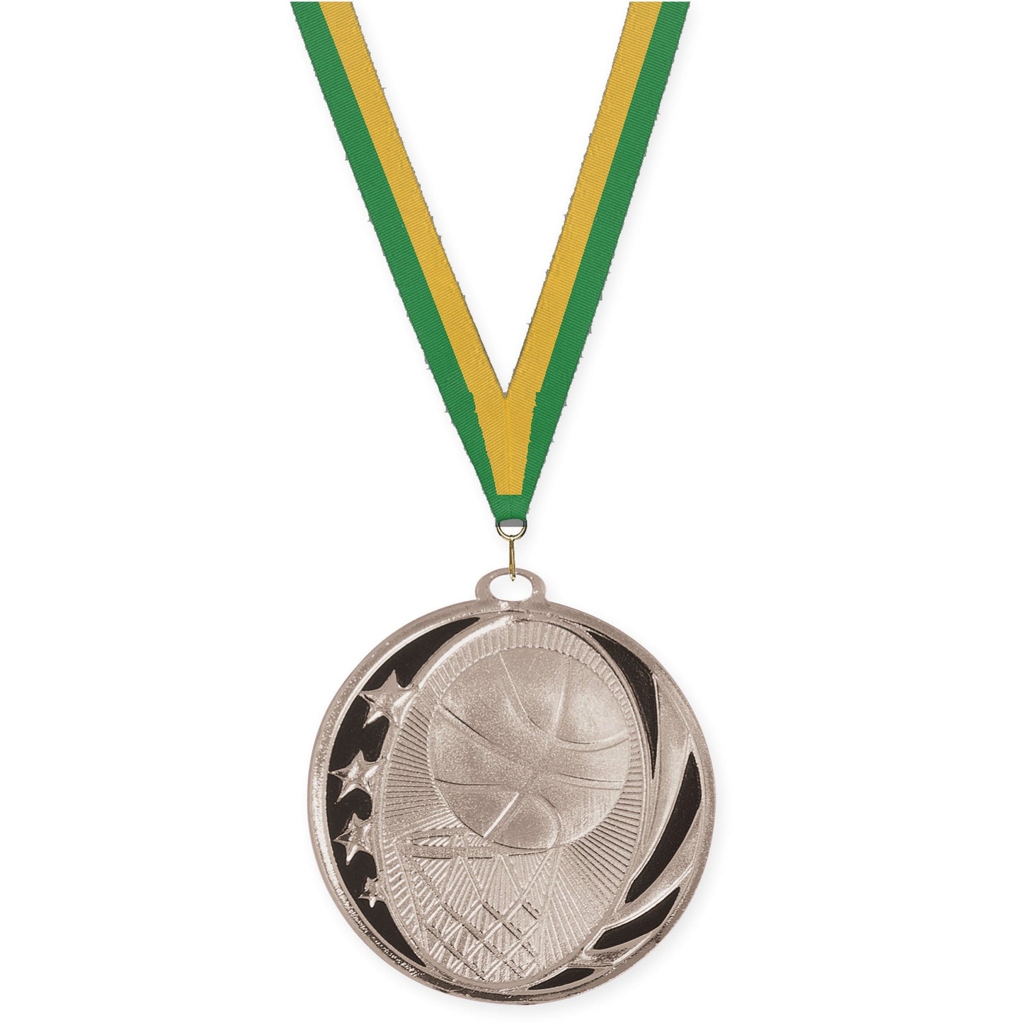 2 inch basketball MidNite Star medal in bright silver with Green Gold neck ribbon