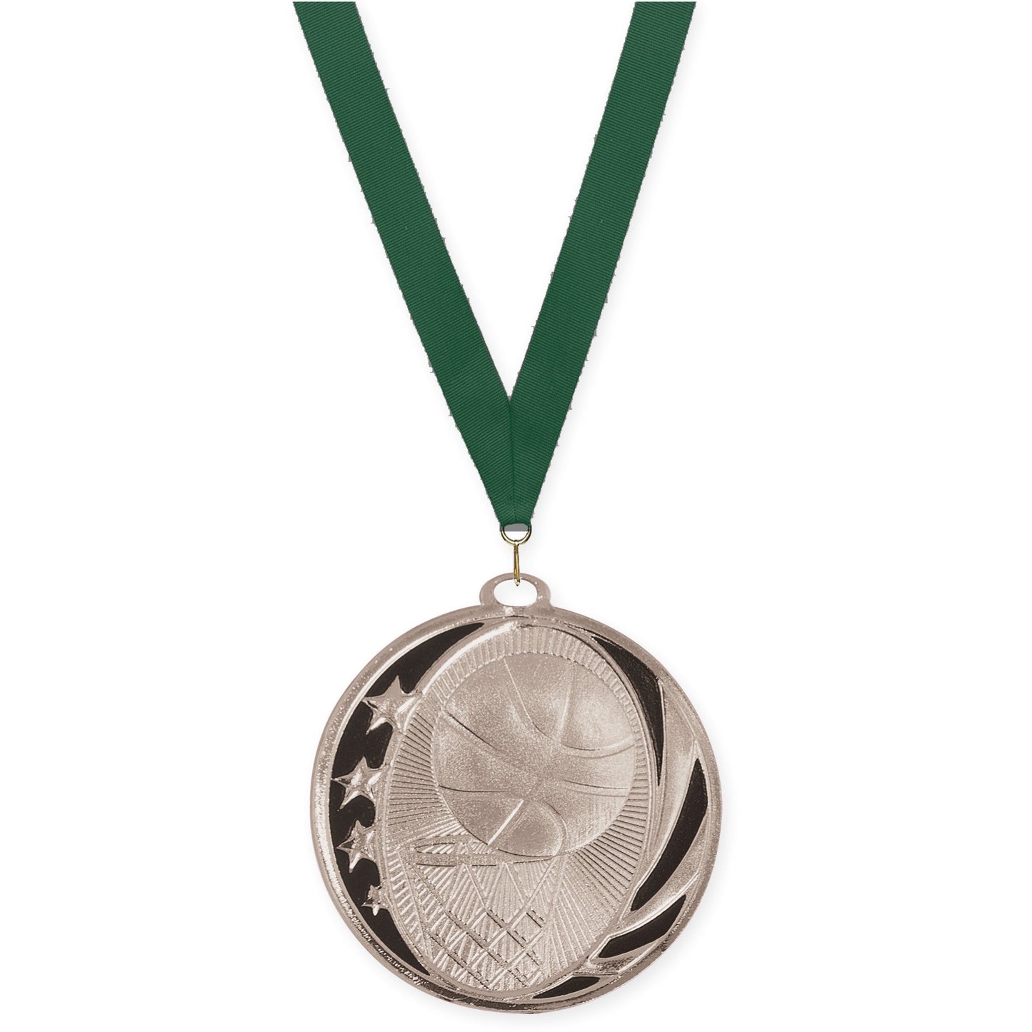 2 inch basketball MidNite Star medal in bright silver with Hunter Green neck ribbon