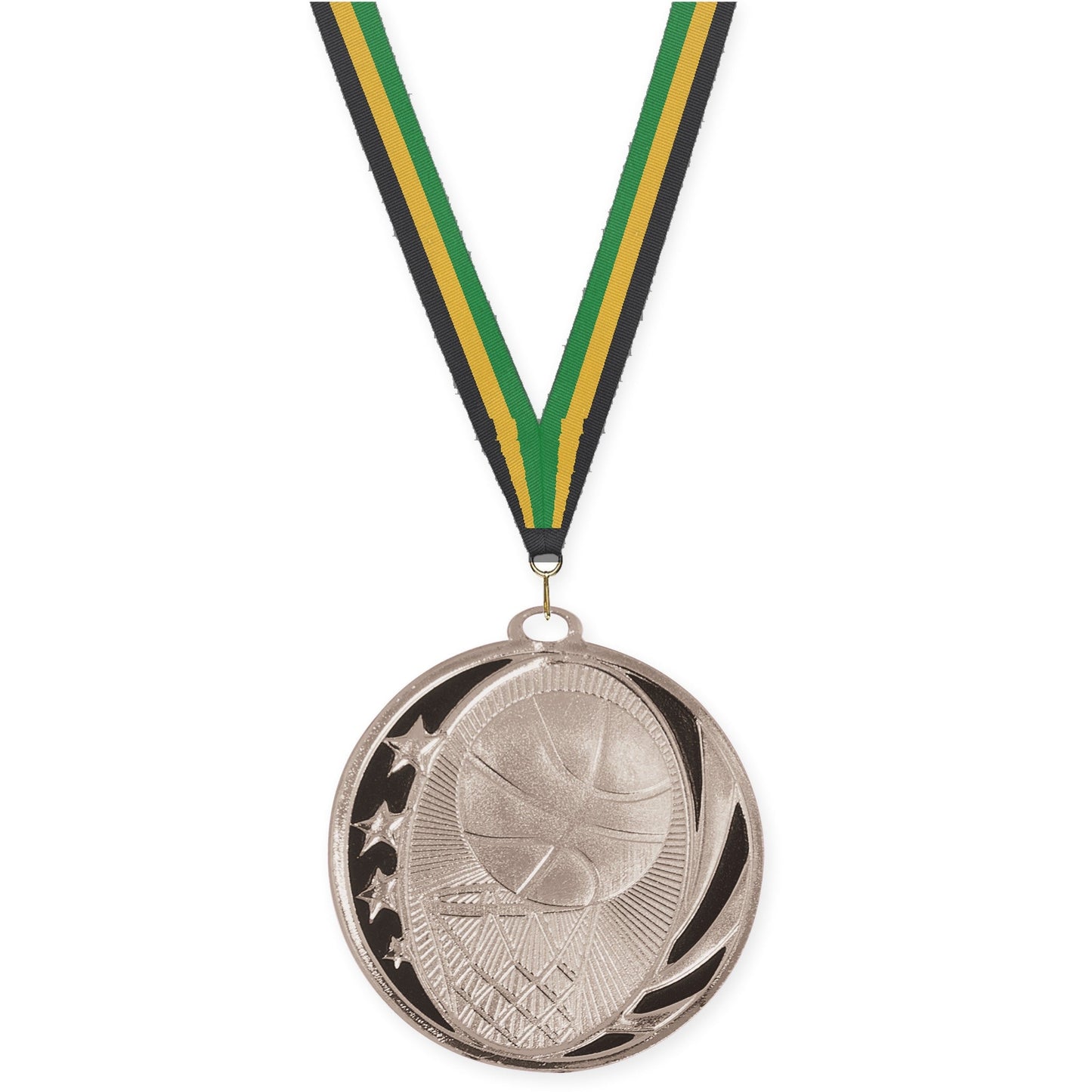 2 inch basketball MidNite Star medal in bright silver with Black Gold Green neck ribbon