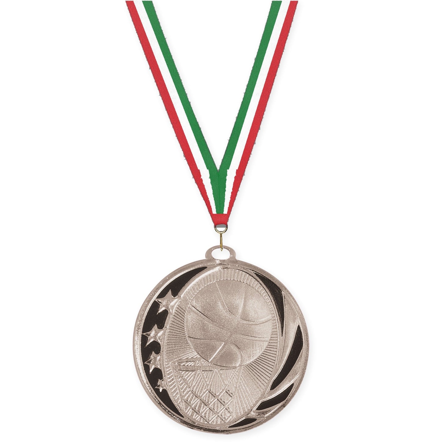2 inch basketball MidNite Star medal in bright silver with Red White Green neck ribbon