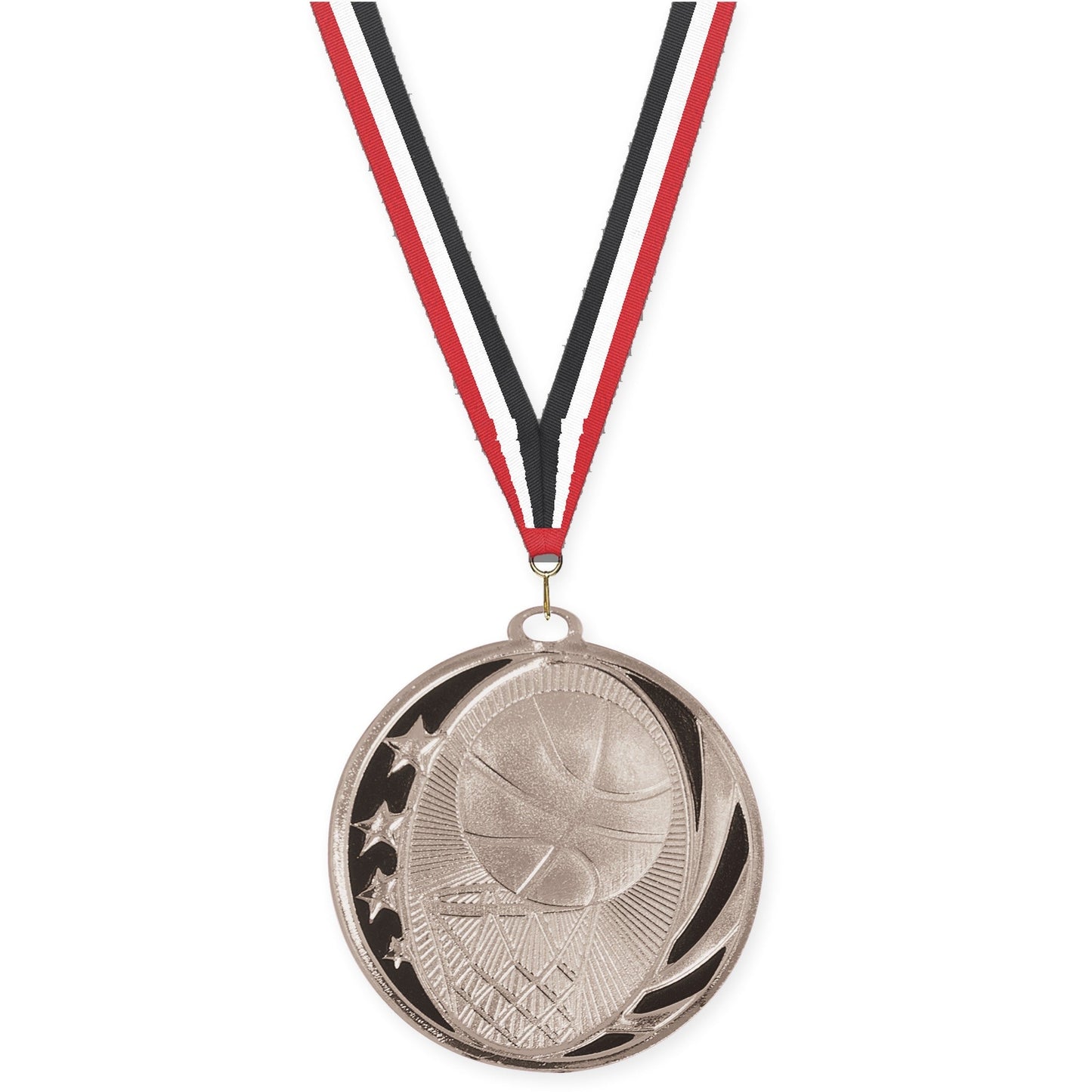 2 inch basketball MidNite Star medal in bright silver with Red White Black neck ribbon