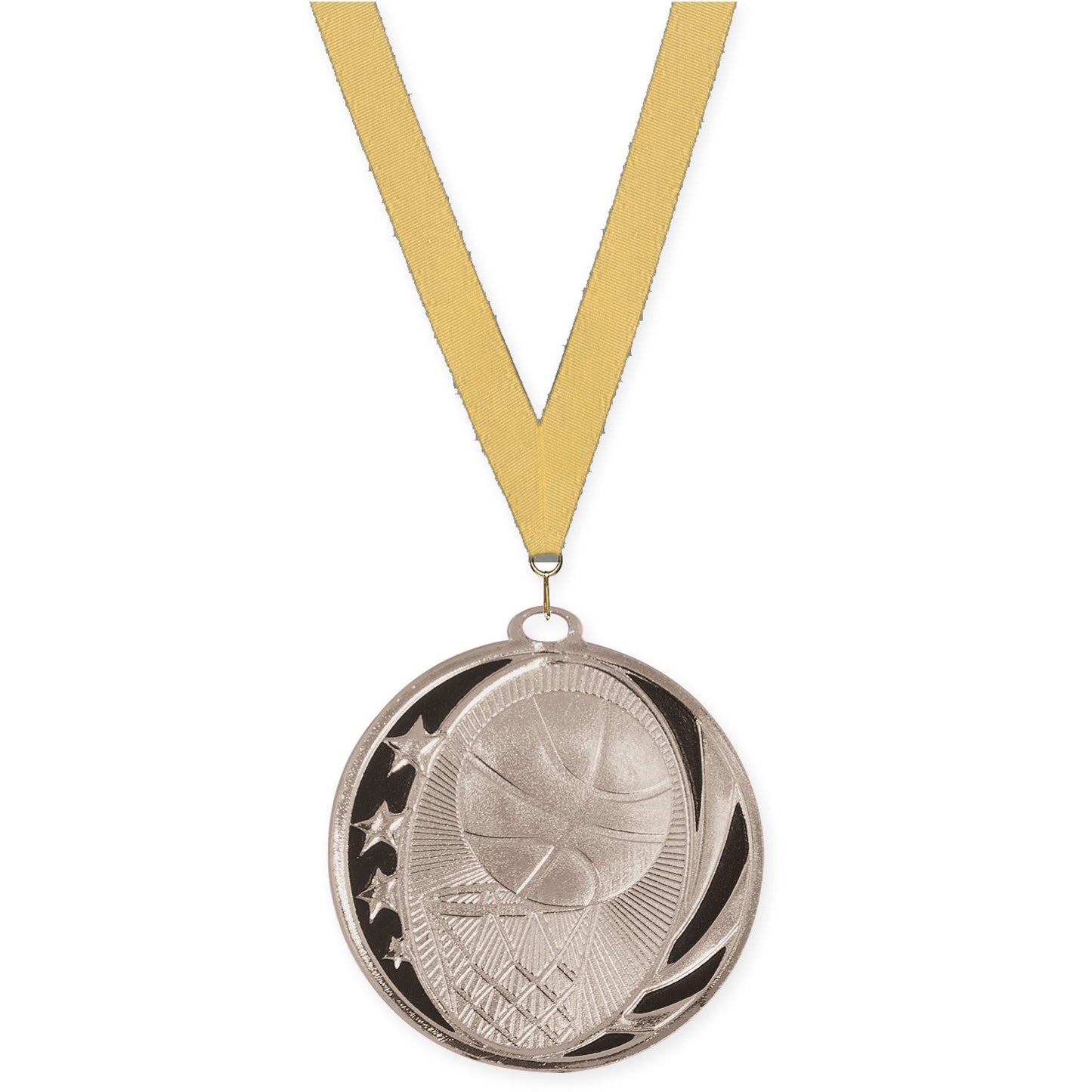 2 inch basketball MidNite Star medal in bright silver with Gold Metallic neck ribbon