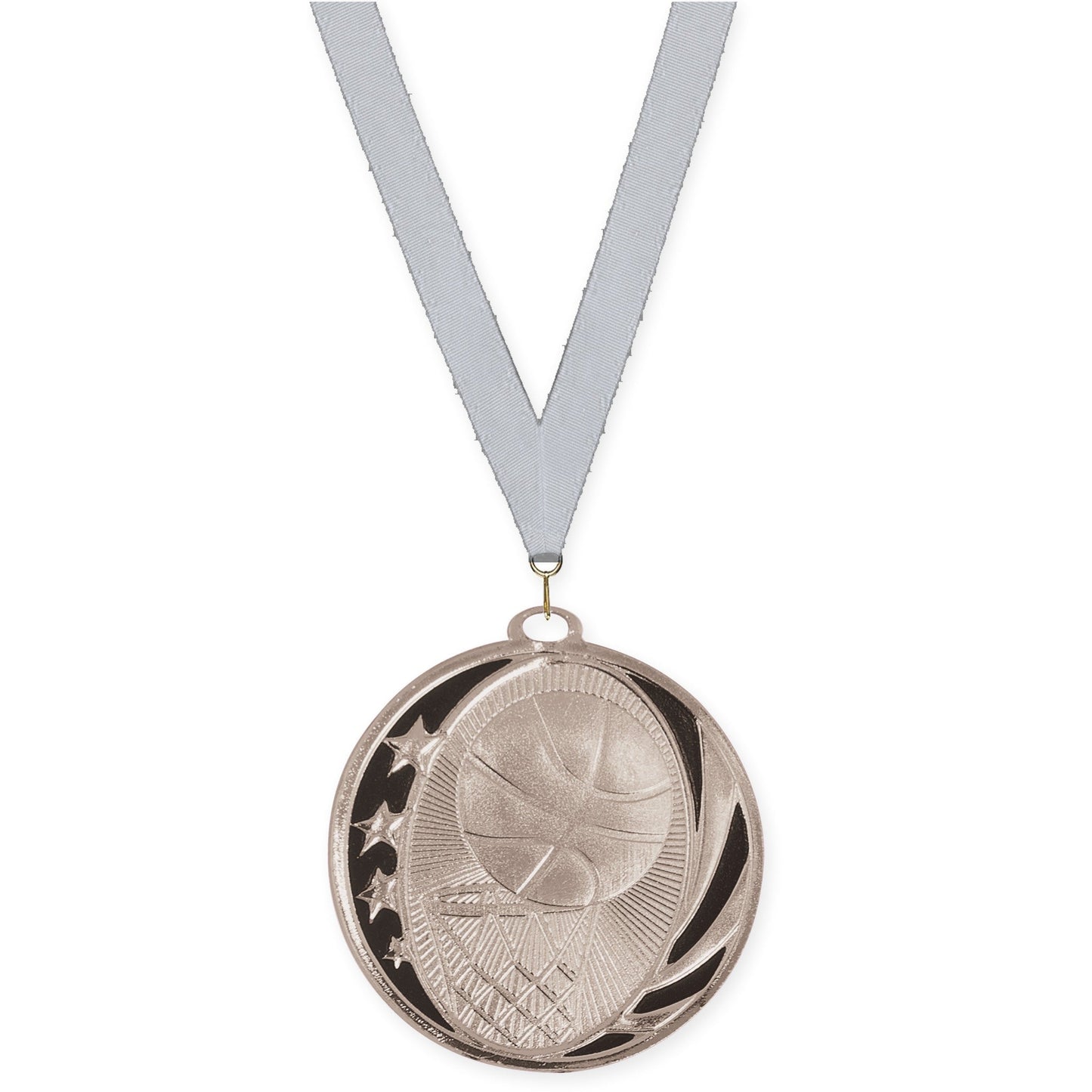 2 inch basketball MidNite Star medal in bright silver with Silver Metallic neck ribbon