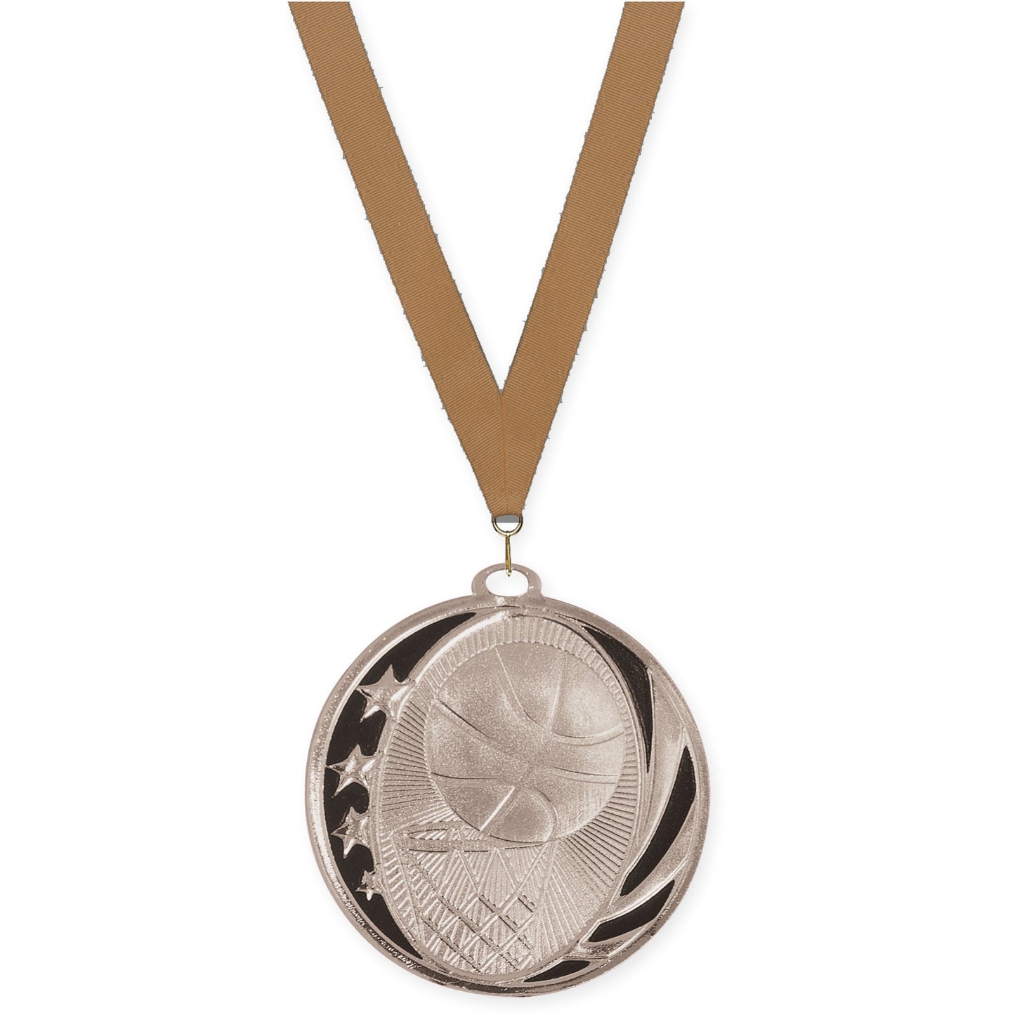 2 inch basketball MidNite Star medal in bright silver with Bronze Metallic neck ribbon