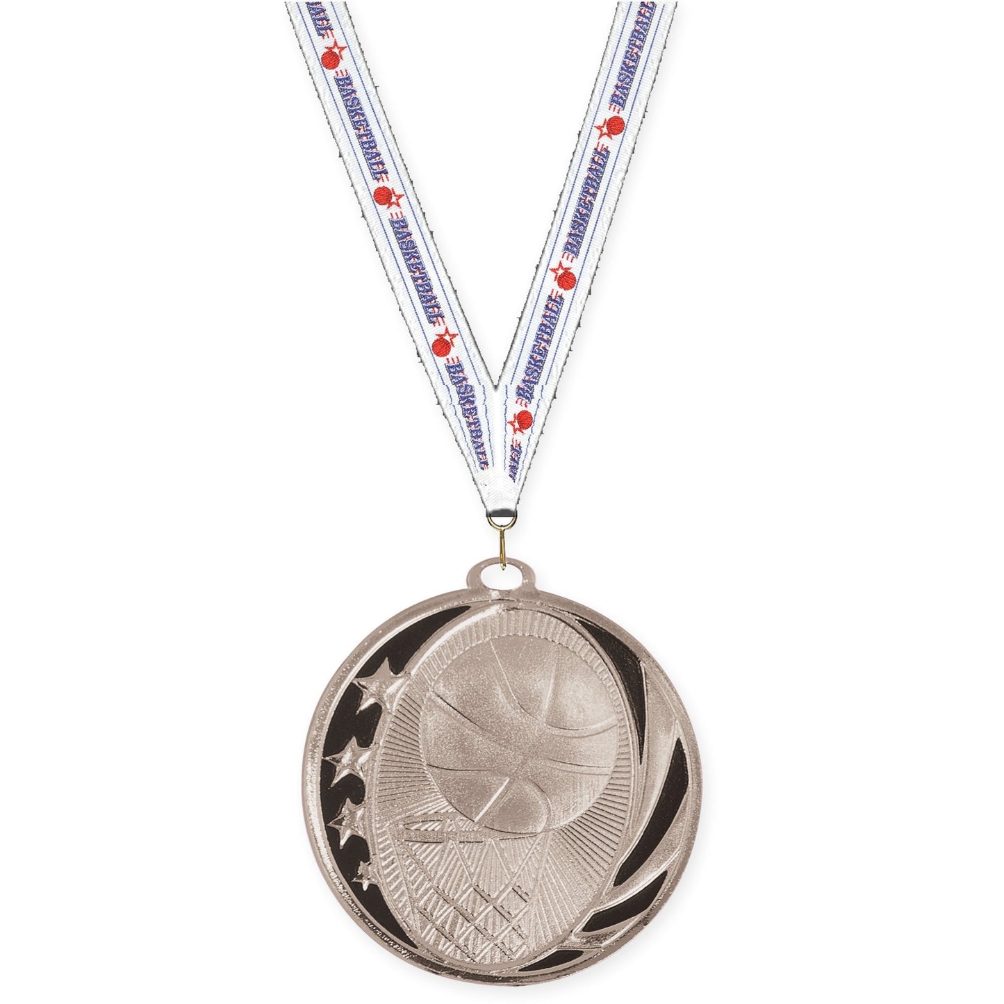 2 inch basketball MidNite Star medal in bright silver with Basketball neck ribbon