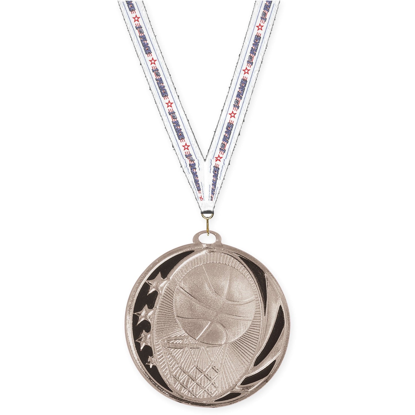 2 inch basketball MidNite Star medal in bright silver with 1st Place neck ribbon