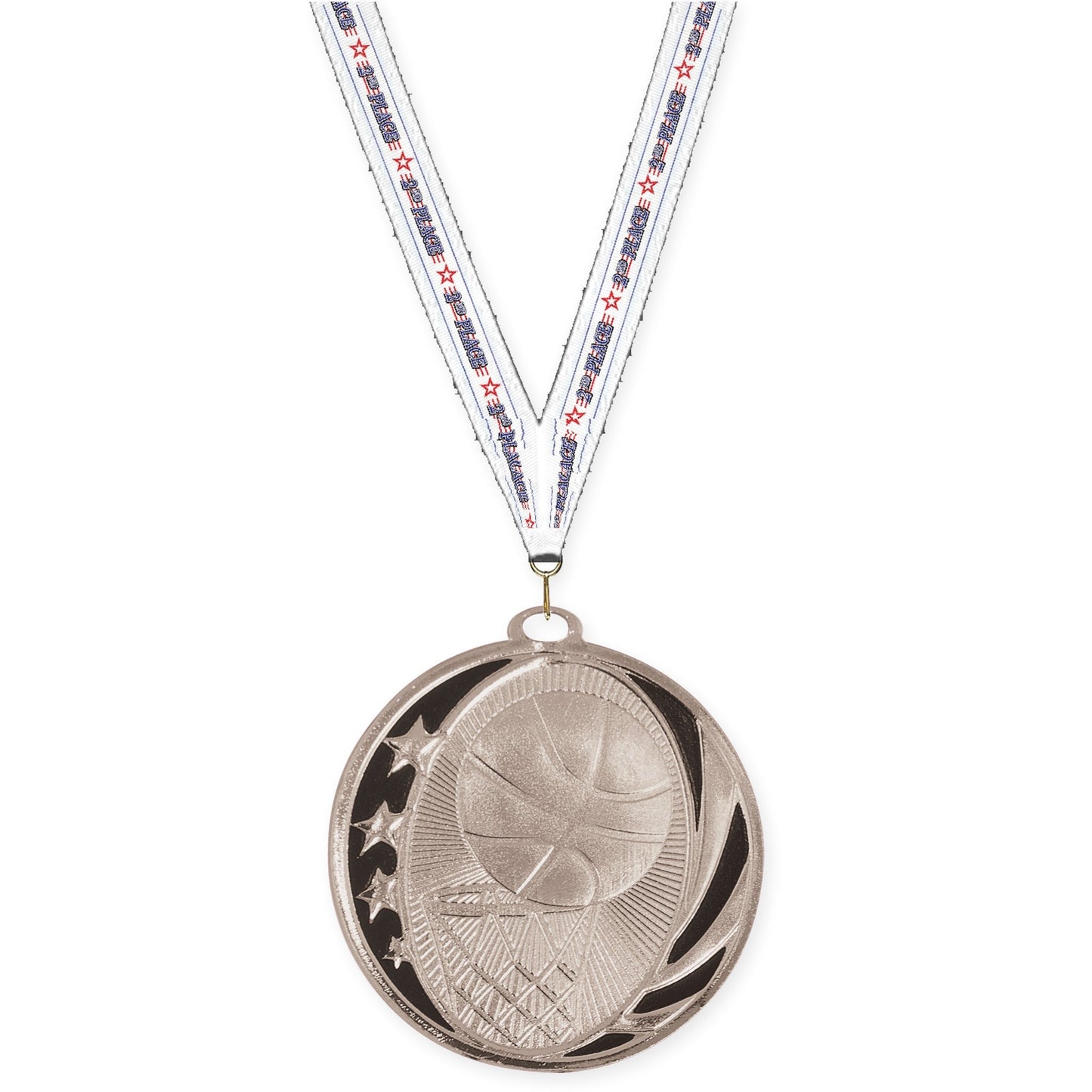 2 inch basketball MidNite Star medal in bright silver with 2nd Place neck ribbon