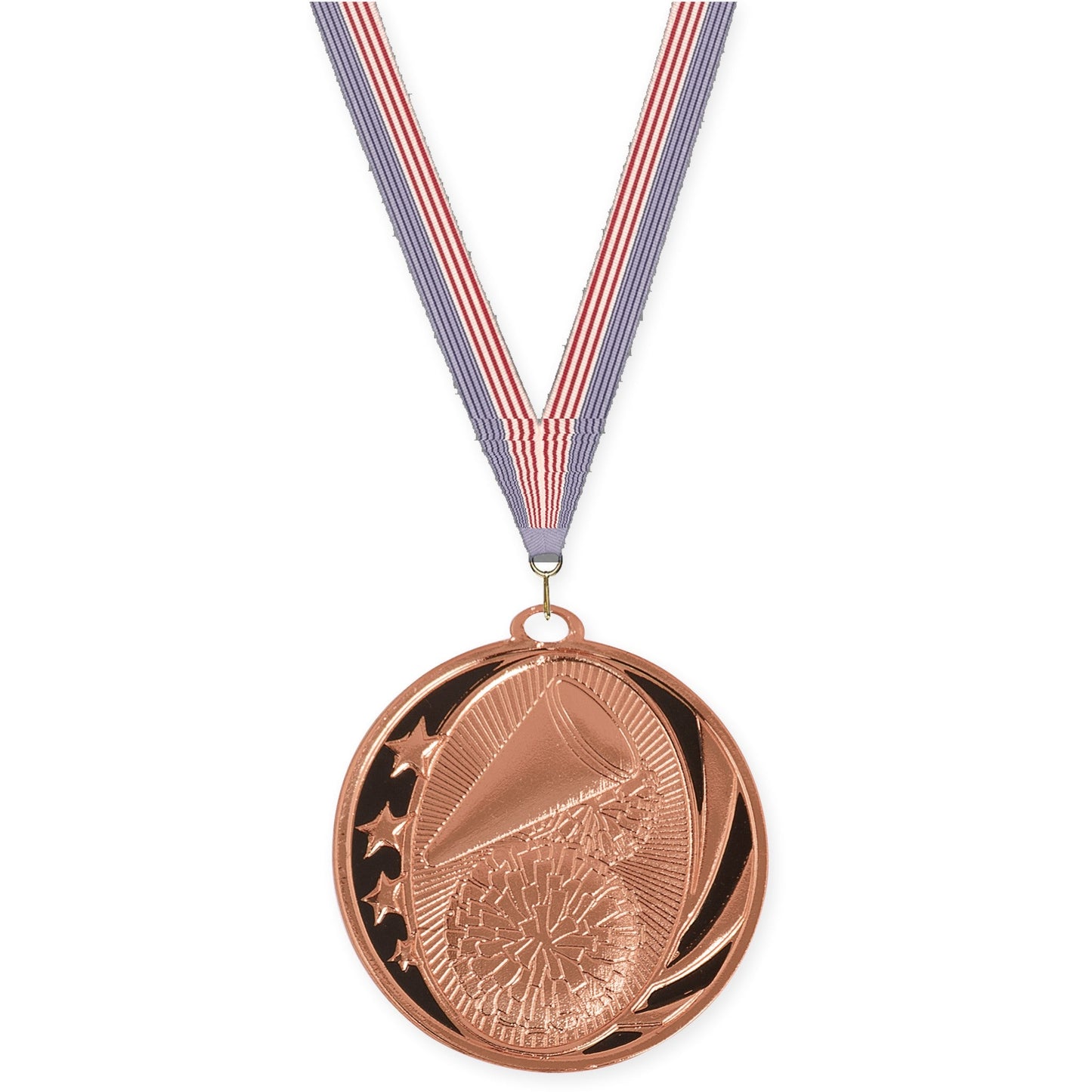 2 inch cheerleading MidNite Star medal in bright bronze with USA Flag neck ribbon
