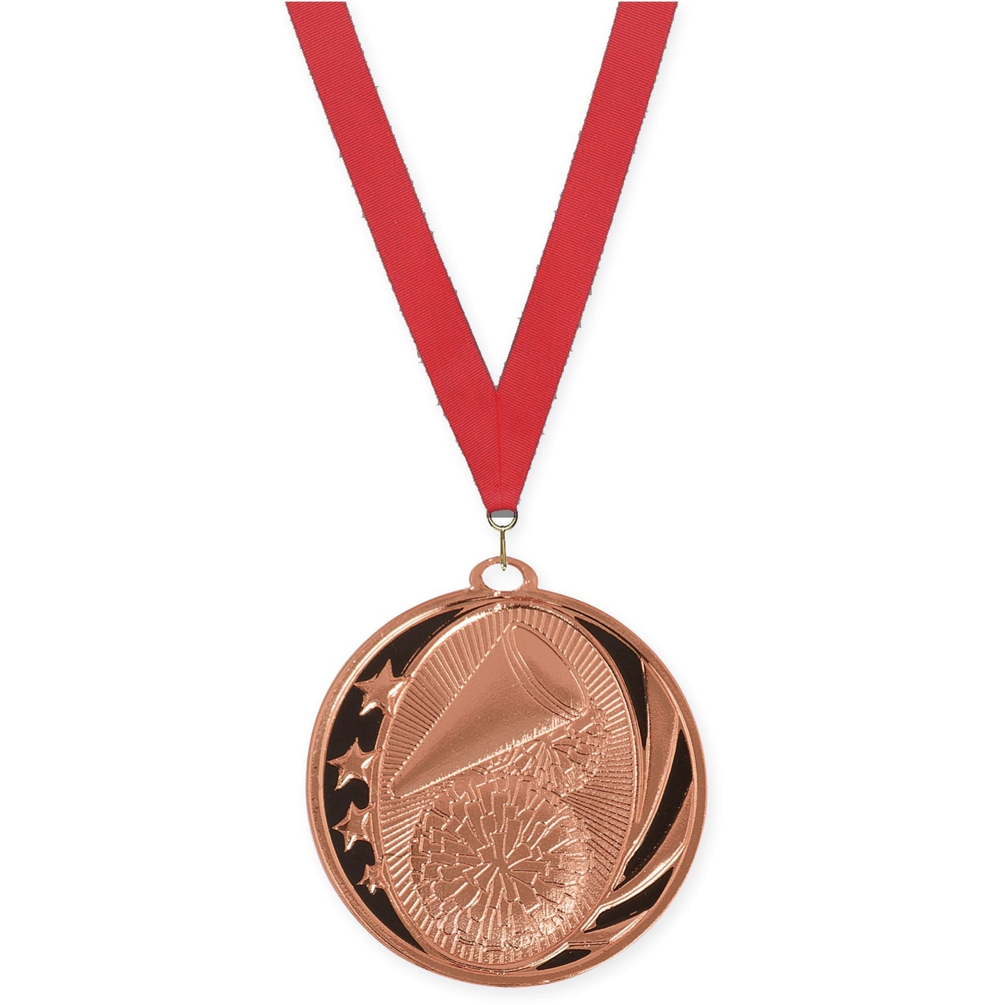 2 inch cheerleading MidNite Star medal in bright bronze with Red neck ribbon