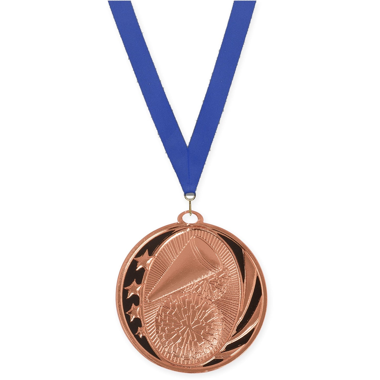 2 inch cheerleading MidNite Star medal in bright bronze with Blue neck ribbon