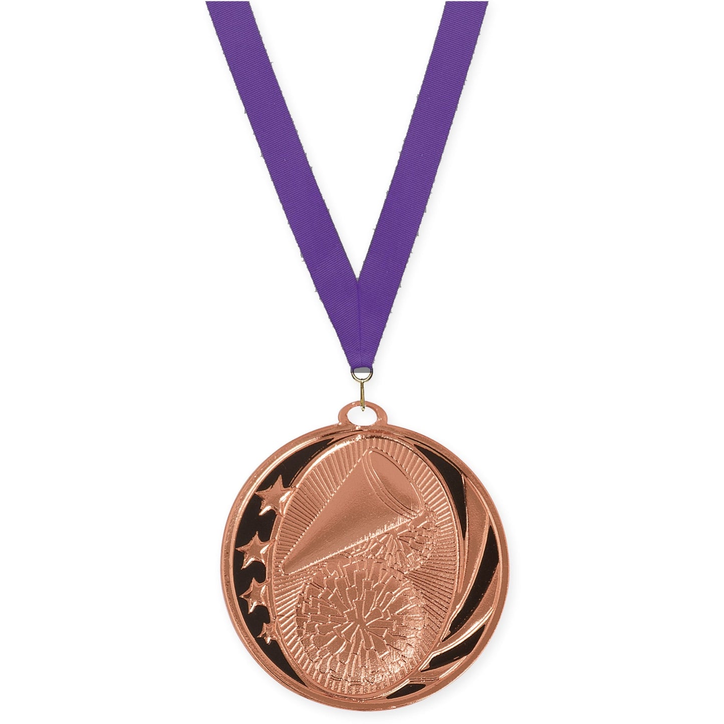 2 inch cheerleading MidNite Star medal in bright bronze with Purple neck ribbon