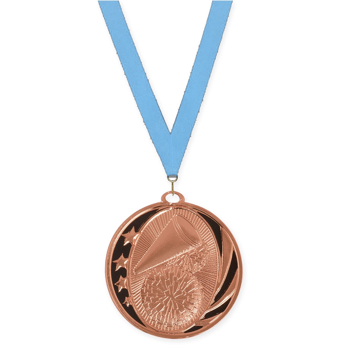 2 inch cheerleading MidNite Star medal in bright bronze with Light Blue neck ribbon
