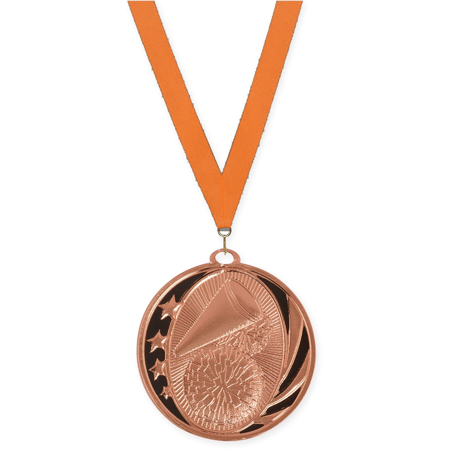 2 inch cheerleading MidNite Star medal in bright bronze with Orange neck ribbon