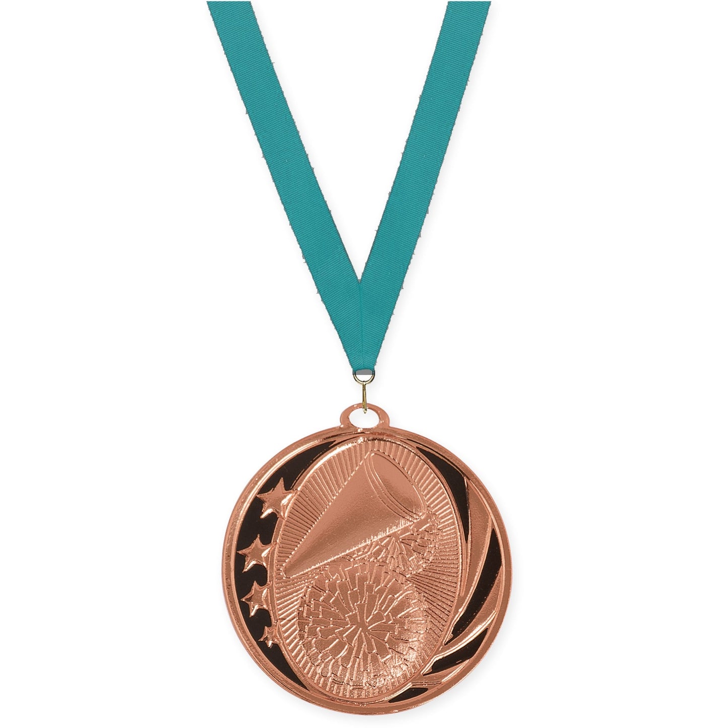 2 inch cheerleading MidNite Star medal in bright bronze with Teal neck ribbon