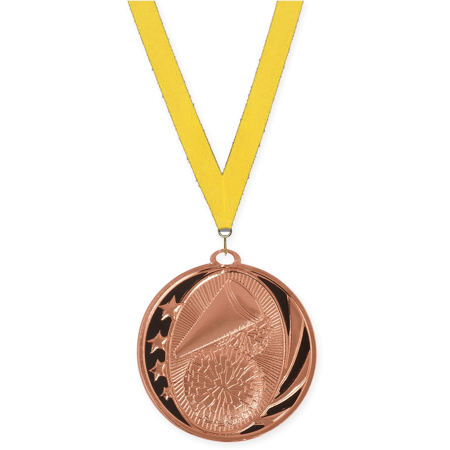 2 inch cheerleading MidNite Star medal in bright bronze with Yellow neck ribbon