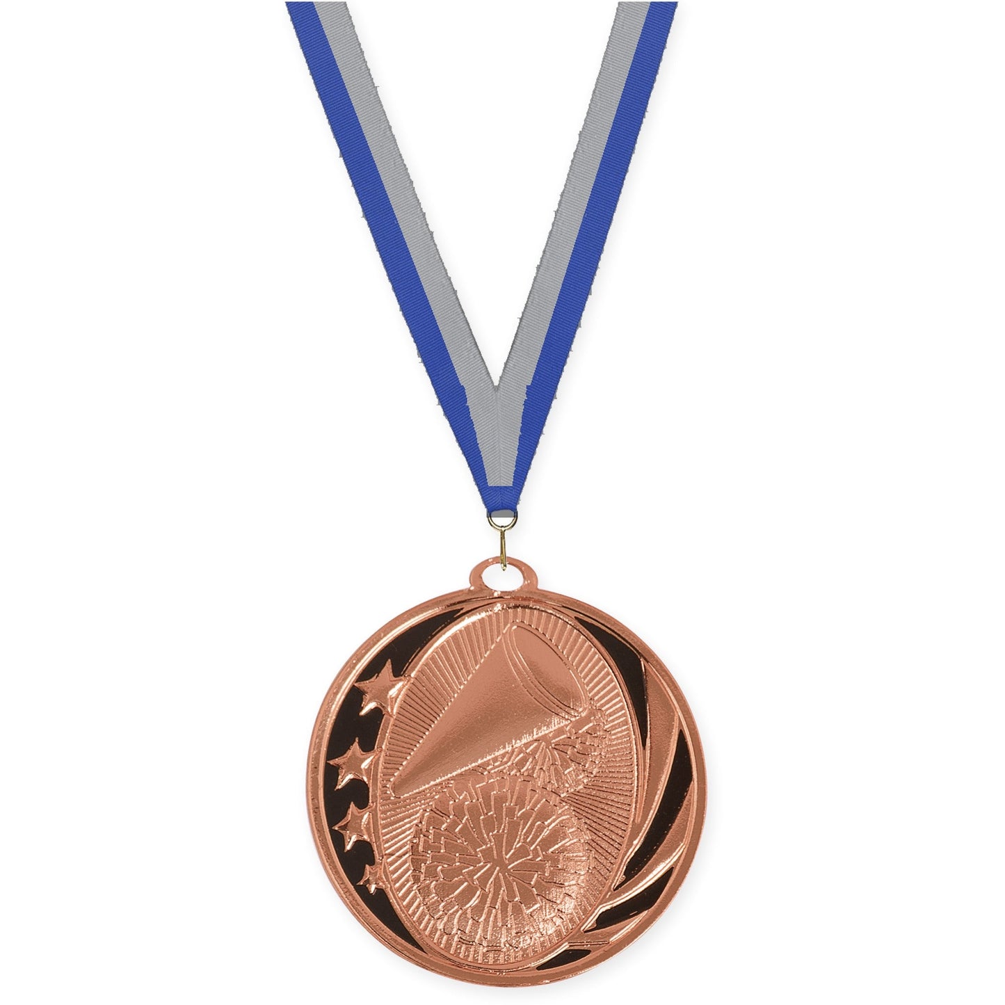 2 inch cheerleading MidNite Star medal in bright bronze with Blue Gray neck ribbon