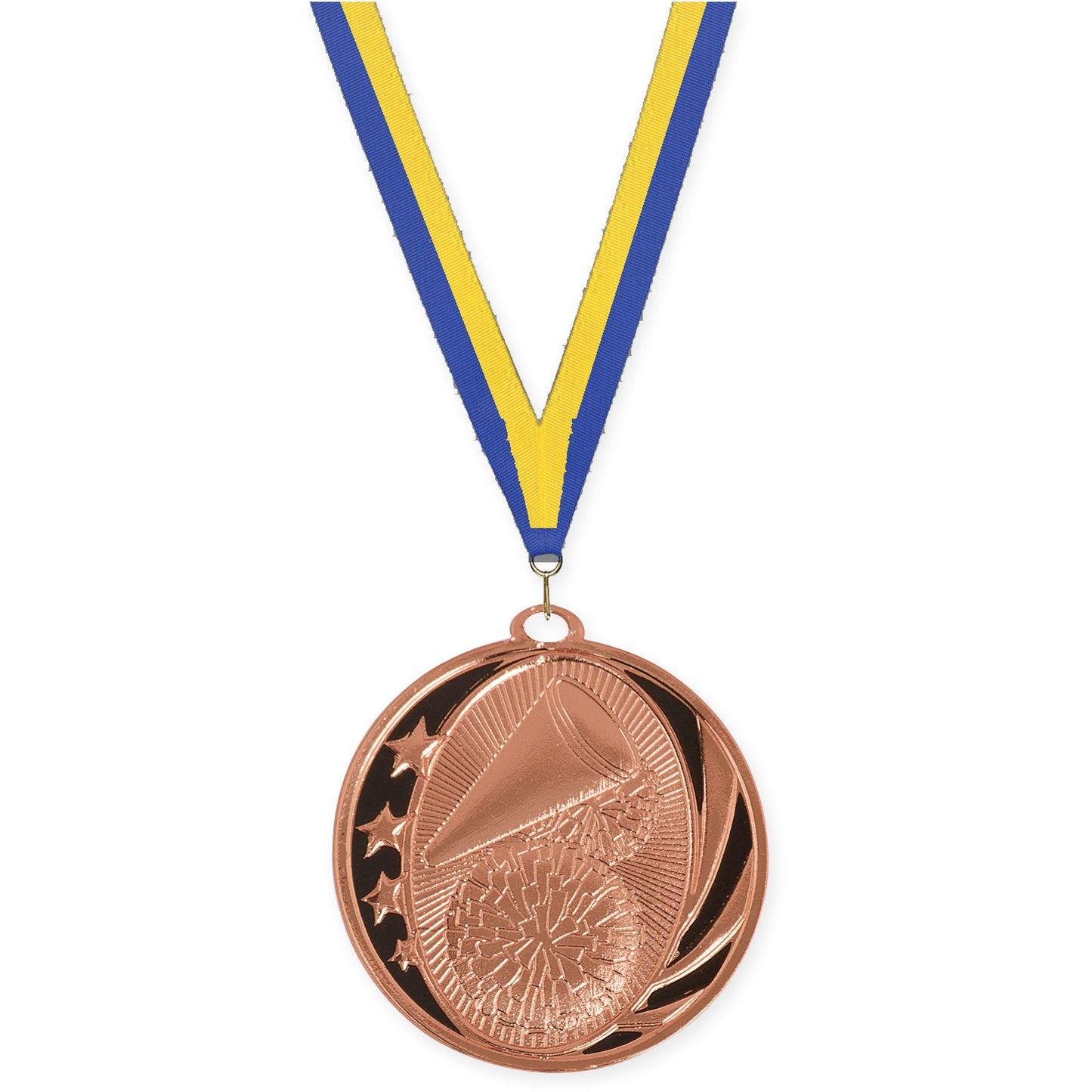 2 inch cheerleading MidNite Star medal in bright bronze with Blue Yellow neck ribbon