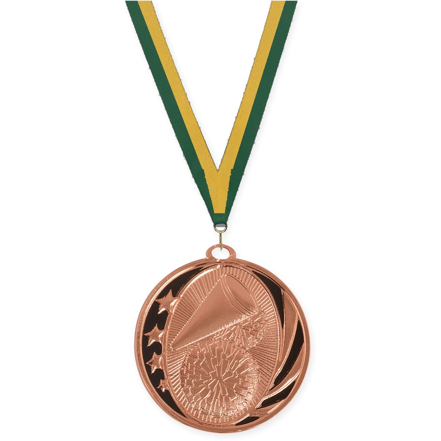 2 inch cheerleading MidNite Star medal in bright bronze with Hunter Green Gold neck ribbon