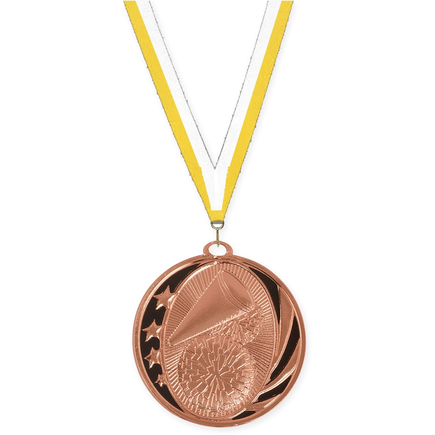 2 inch cheerleading MidNite Star medal in bright bronze with Yellow White neck ribbon