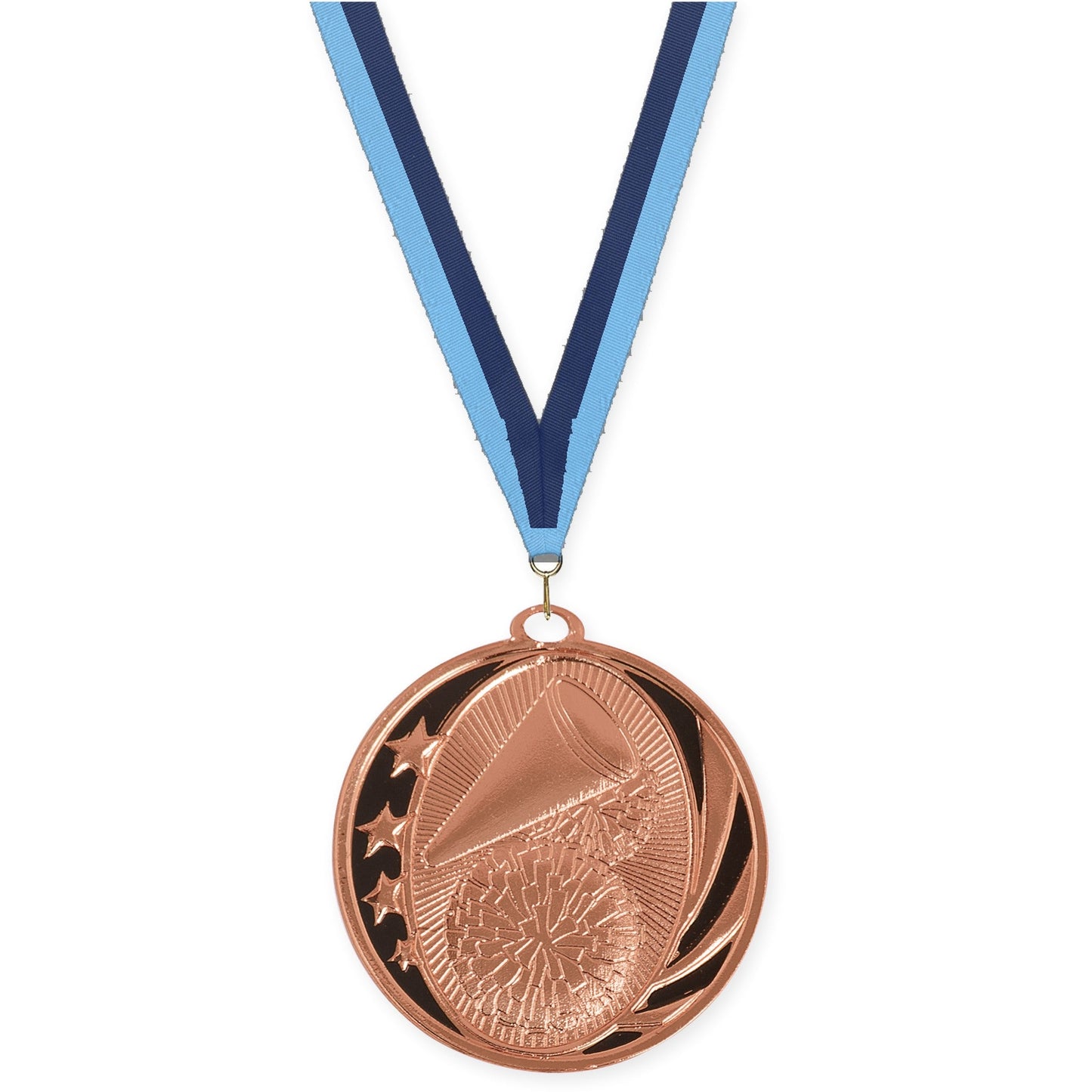 2 inch cheerleading MidNite Star medal in bright bronze with Light Blue Navy neck ribbon