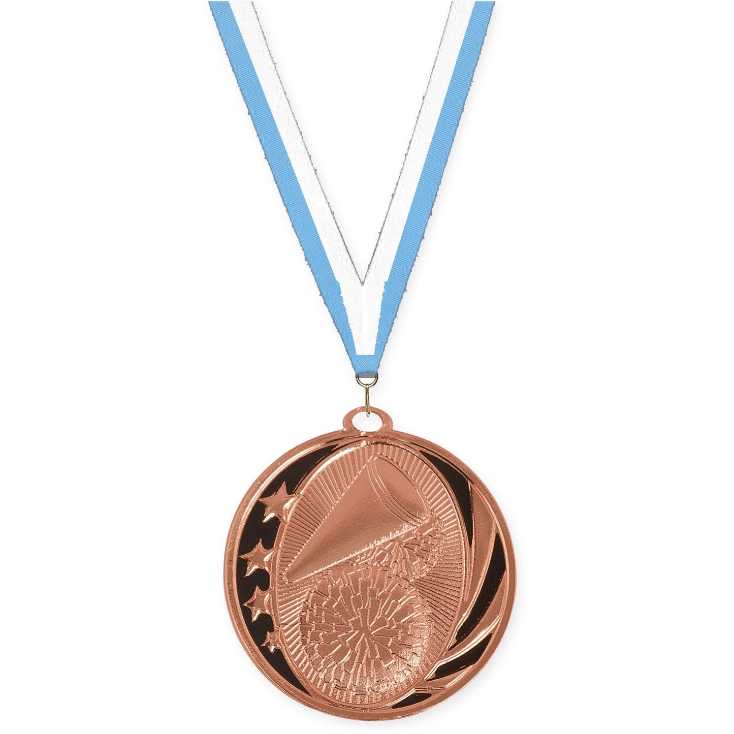 2 inch cheerleading MidNite Star medal in bright bronze with Light Blue White neck ribbon