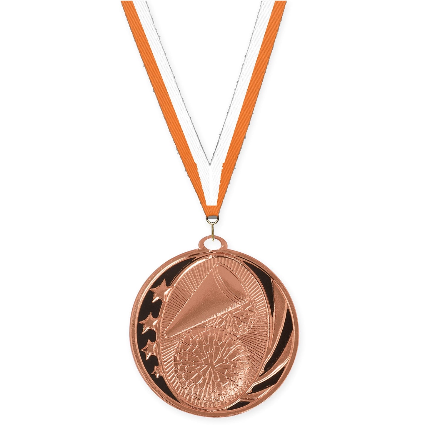 2 inch cheerleading MidNite Star medal in bright bronze with Orange White neck ribbon