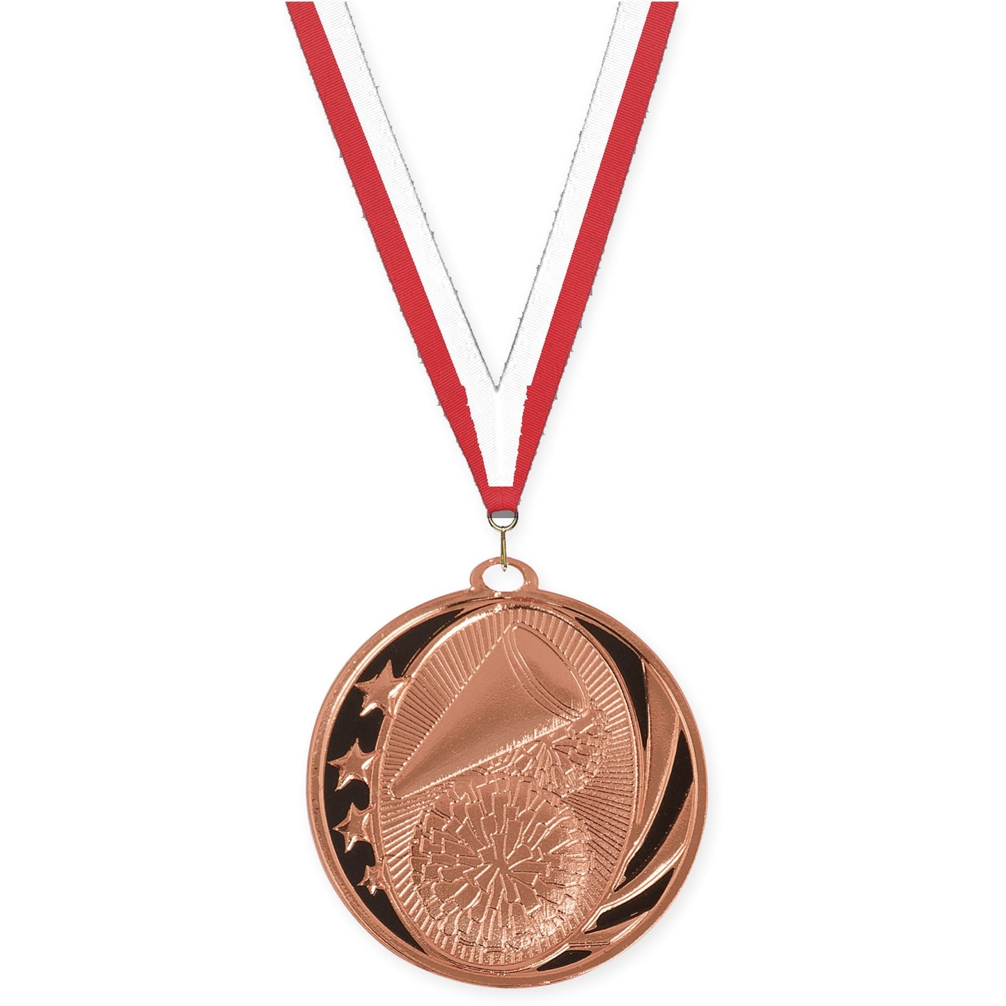 2 inch cheerleading MidNite Star medal in bright bronze with Red White neck ribbon
