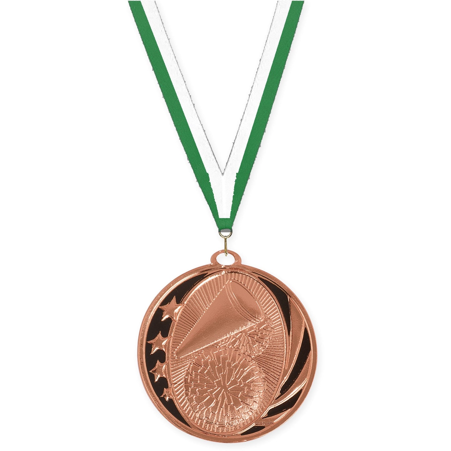 2 inch cheerleading MidNite Star medal in bright bronze with Green White neck ribbon