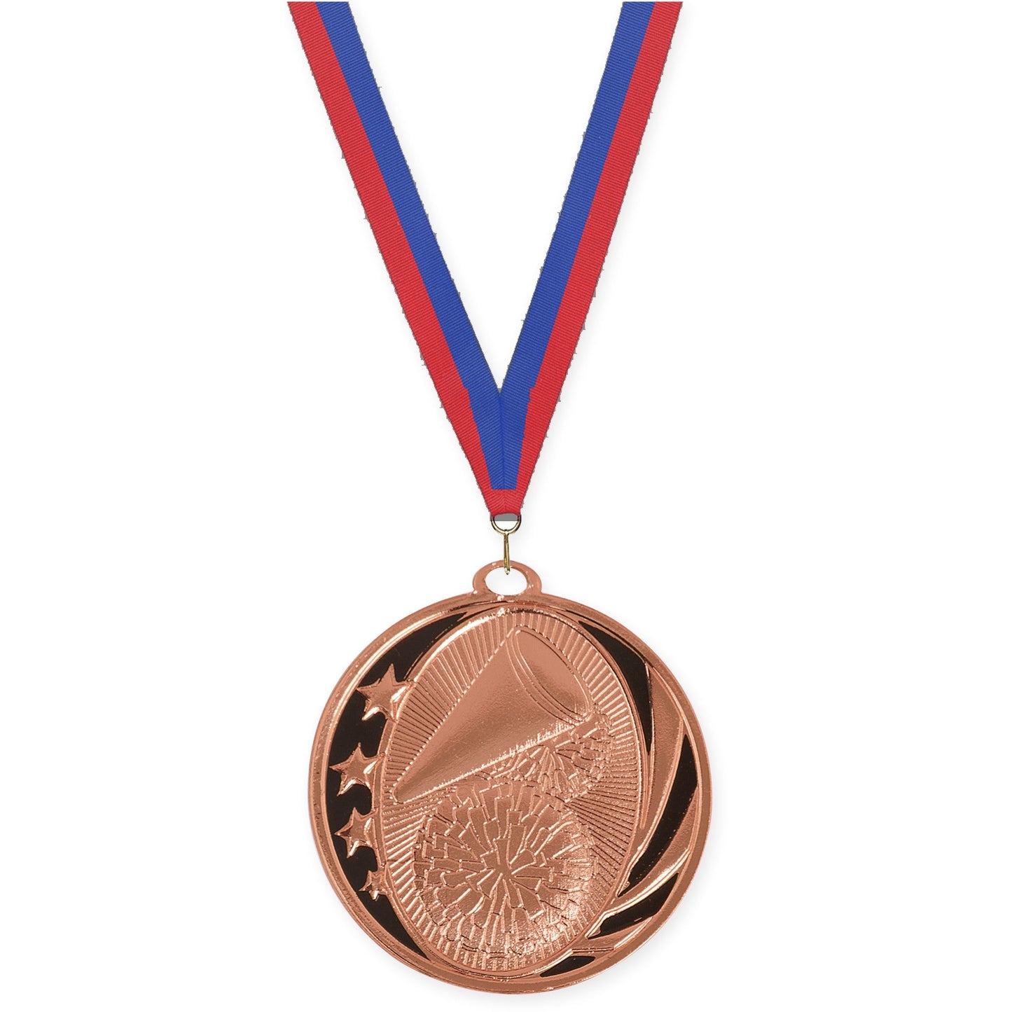 2 inch cheerleading MidNite Star medal in bright bronze with Blue Red neck ribbon