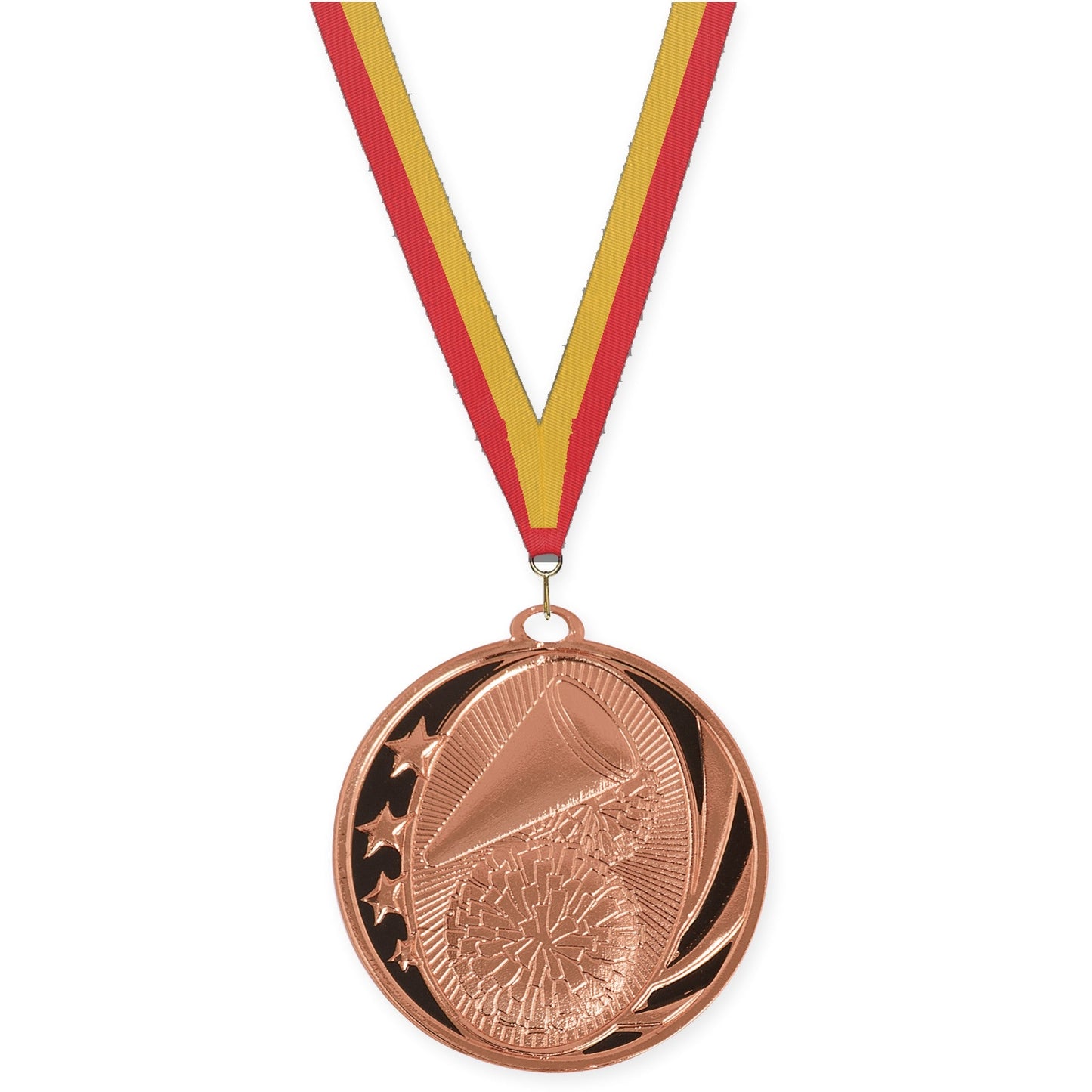 2 inch cheerleading MidNite Star medal in bright bronze with Red Gold neck ribbon