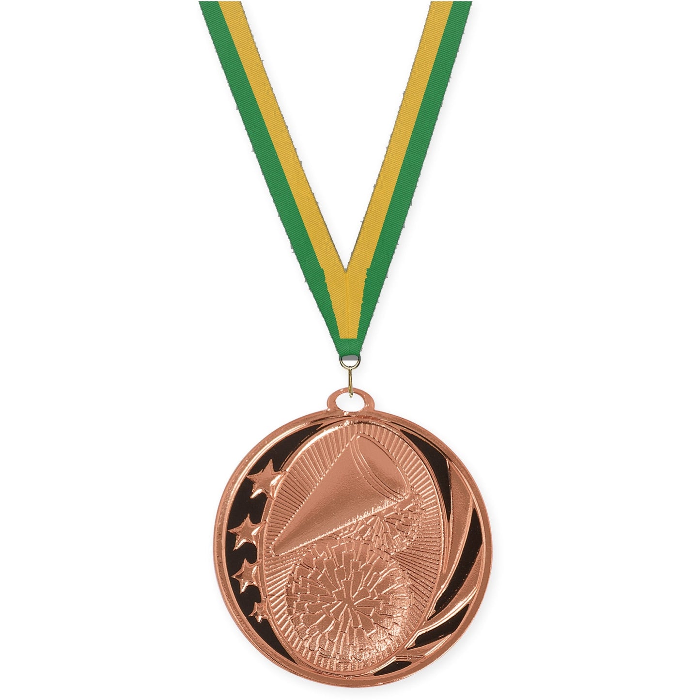 2 inch cheerleading MidNite Star medal in bright bronze with Green Gold neck ribbon