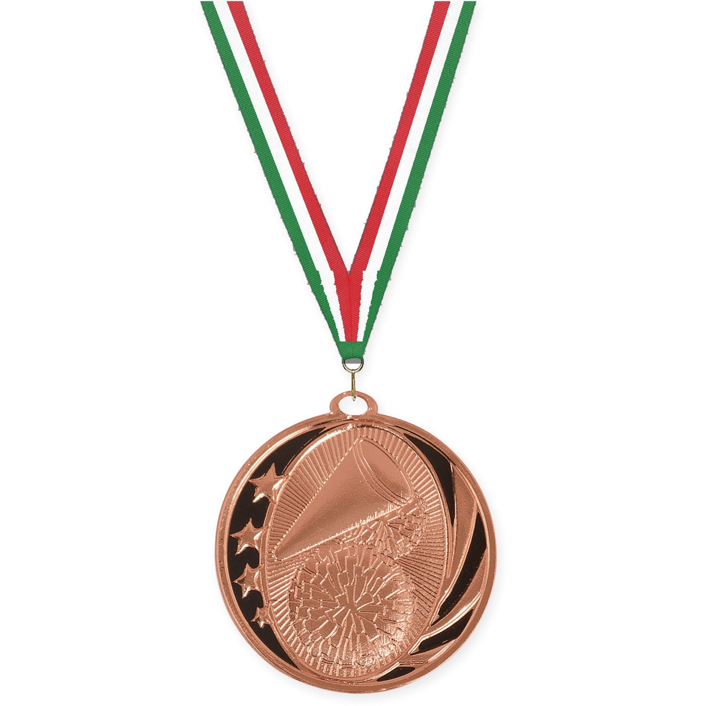 2 inch cheerleading MidNite Star medal in bright bronze with Green White Red neck ribbon