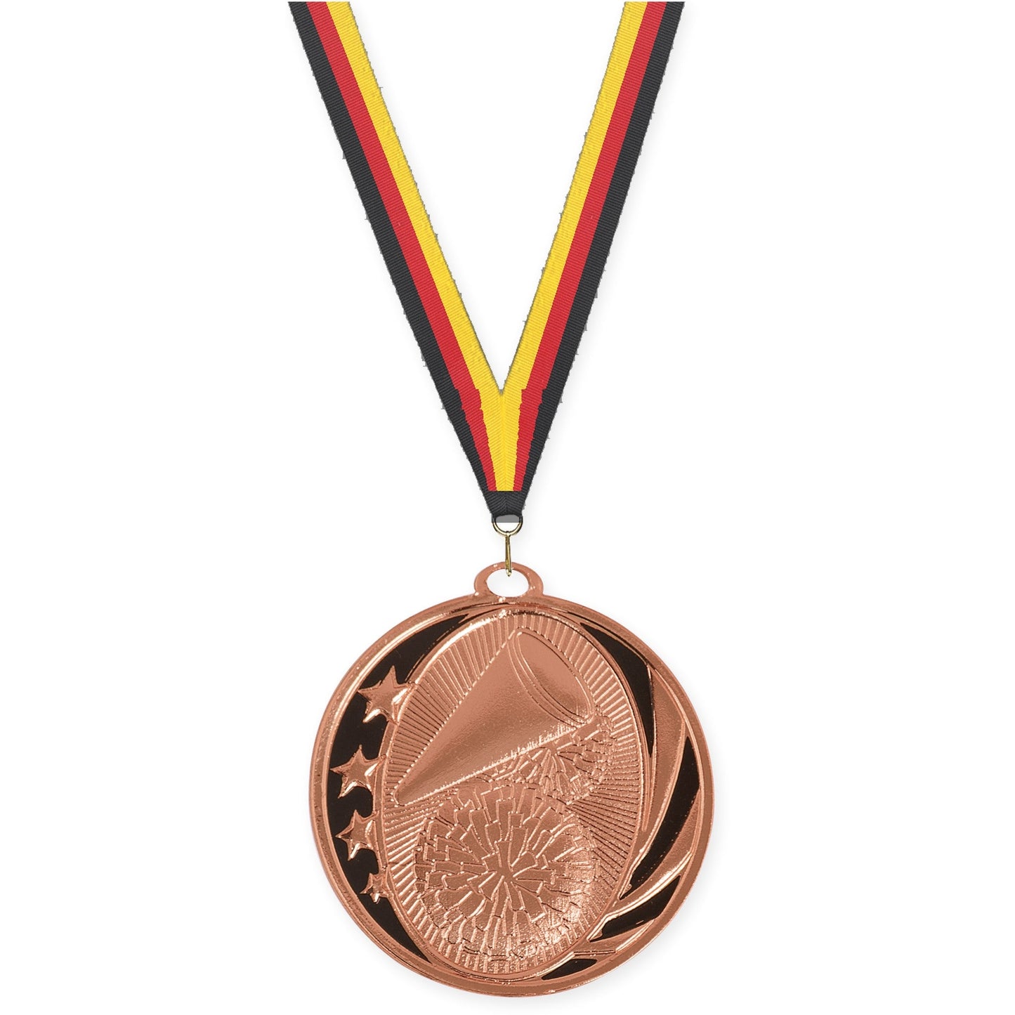 2 inch cheerleading MidNite Star medal in bright bronze with Black Red Yellow neck ribbon